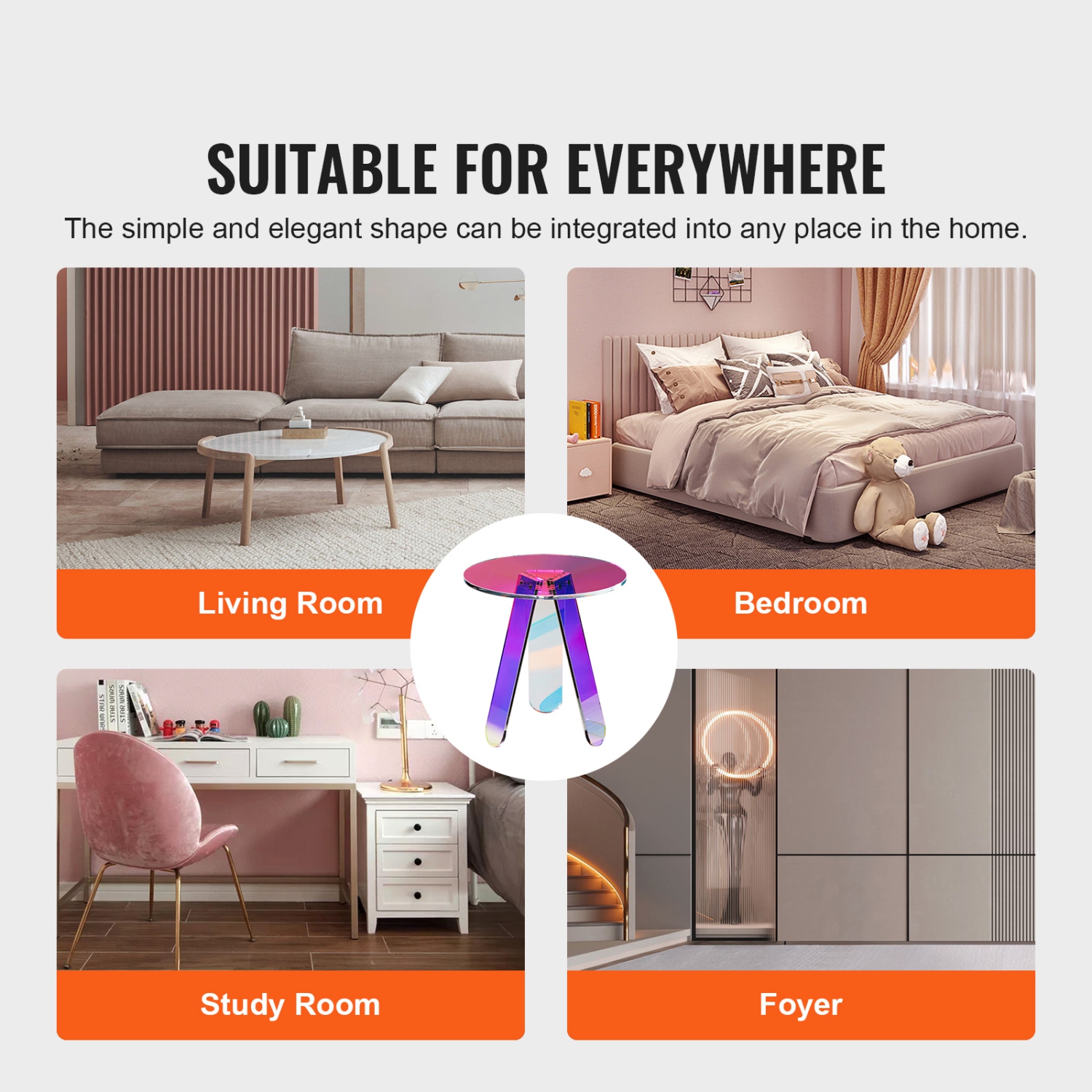 Table d'appoint ronde iridescente VEVOR, table de bout en acrylique, table basse arc-en-ciel transparent pour boisson, nourriture, collation utilisée