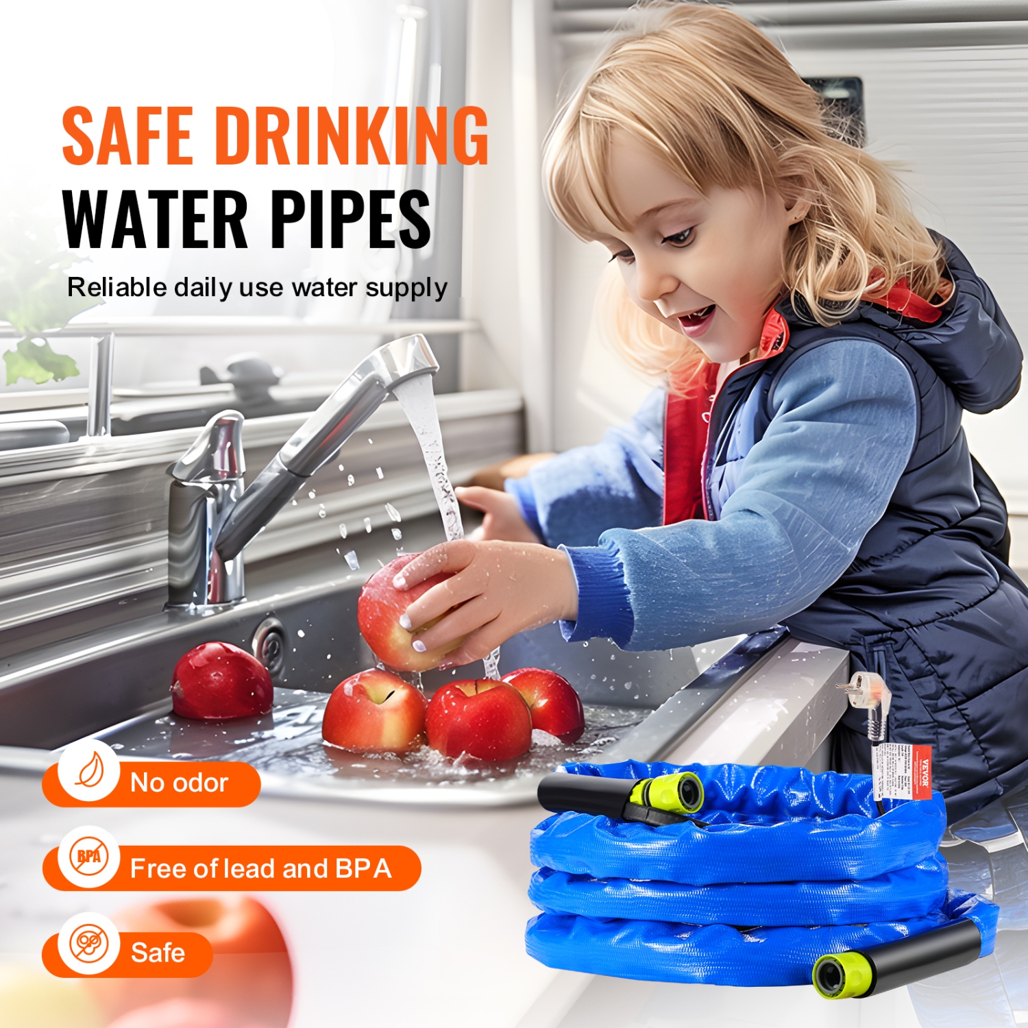 Tuyau d'eau chauffé VEVOR 15&nbsp;pi pour VR, tuyau d'eau potable chauffé avec revêtement ondulé antigel à -45&nbsp;°F, auto-régulation automatique,