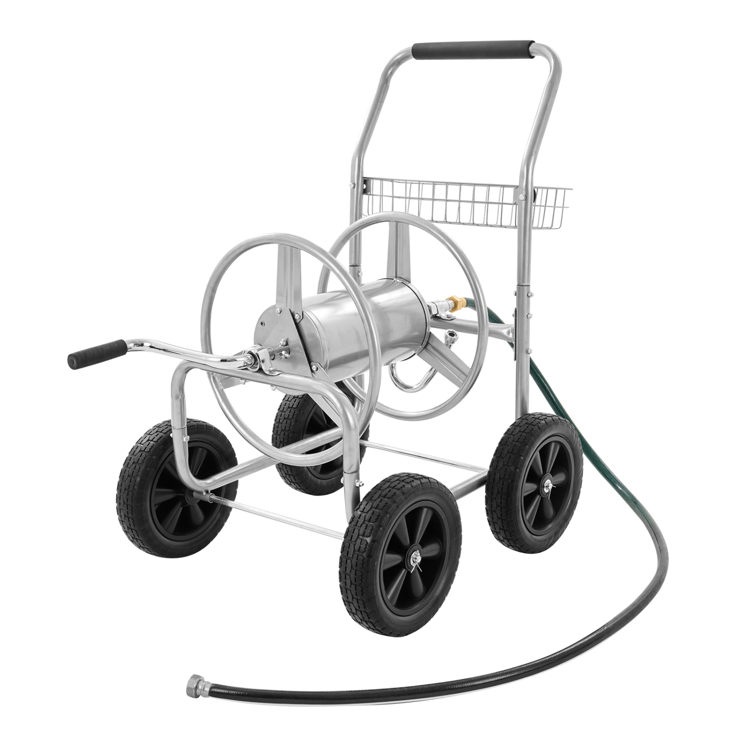 VEVOR Hose Reel Cart, Hold Up to 250 ft of 5/8’’ Hose, Garden Water Hose Carts Mobile Tools with 4 Wheels, Heavy Duty Powder-coated Steel Outdoor Planting with Storage Basket