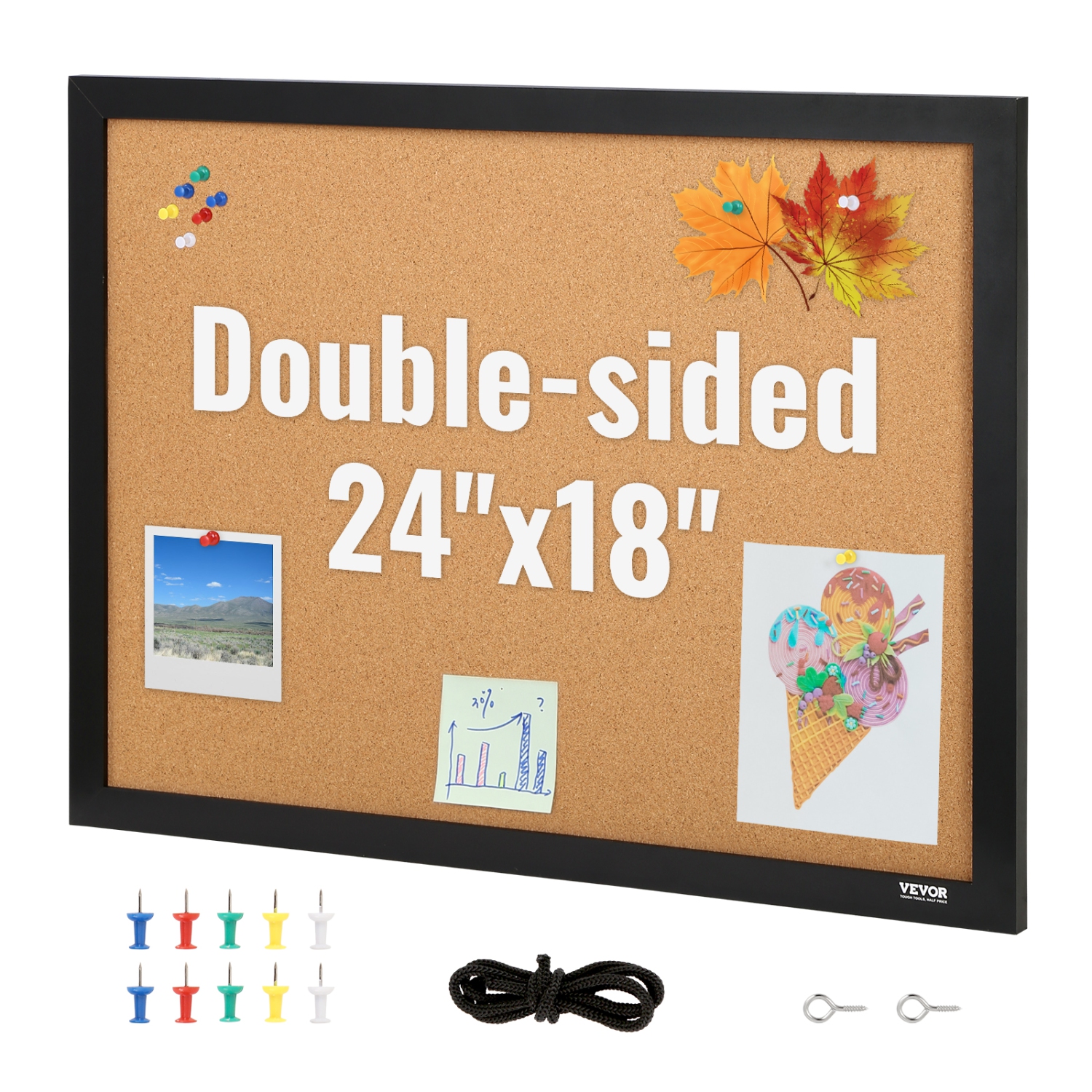 VEVOR 24 x 18 inches Cork Board, Double-sided Bulletin Board with MDF Sticker Frame, Vision Board Includes 10 Pushpins, for Display and Decoration in