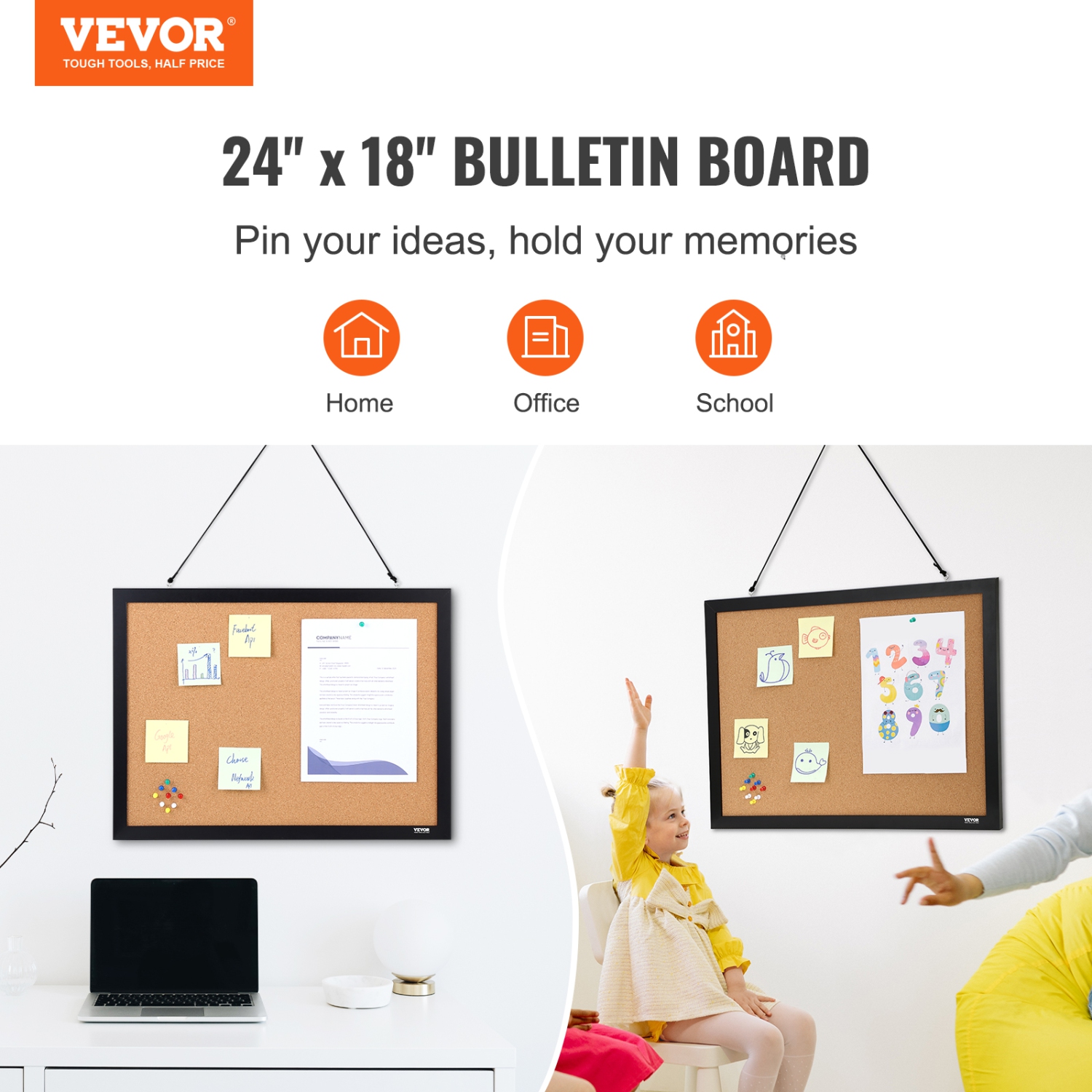 VEVOR 24 x 18 inches Cork Board, Double-sided Bulletin Board with MDF Sticker Frame, Vision Board Includes 10 Pushpins, for Display and Decoration in