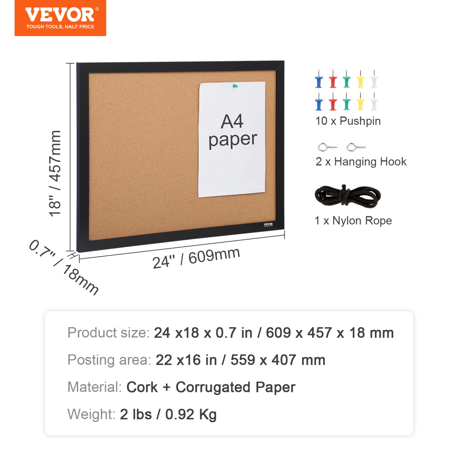 VEVOR 24 x 18 inches Cork Board, Double-sided Bulletin Board with MDF Sticker Frame, Vision Board Includes 10 Pushpins, for Display and Decoration in