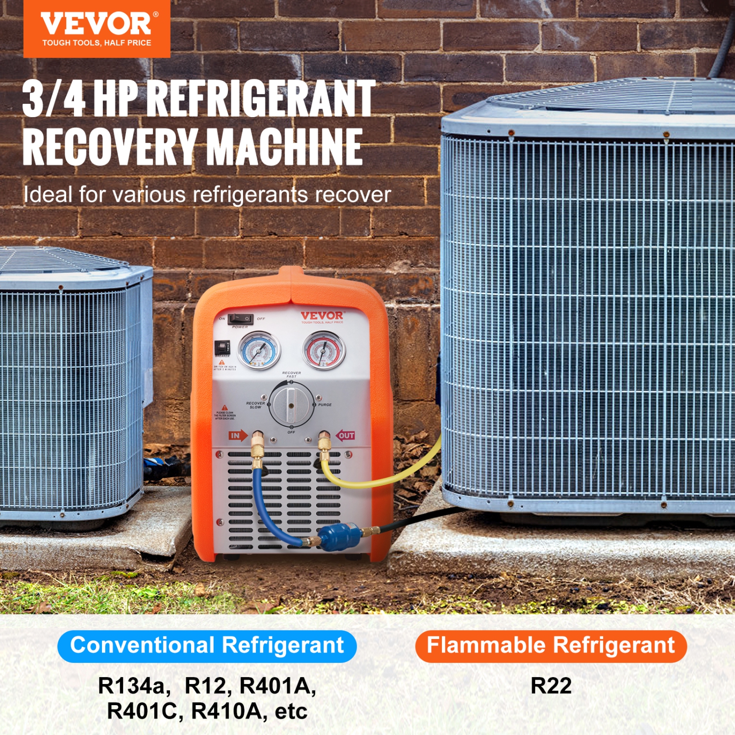 VEVOR 3/4 HP Portable Refrigerant Recovery Machine - AC Recovery Machine with High Pressure Protection 120V 60Hz Recovery Machine HVAC for Vapor