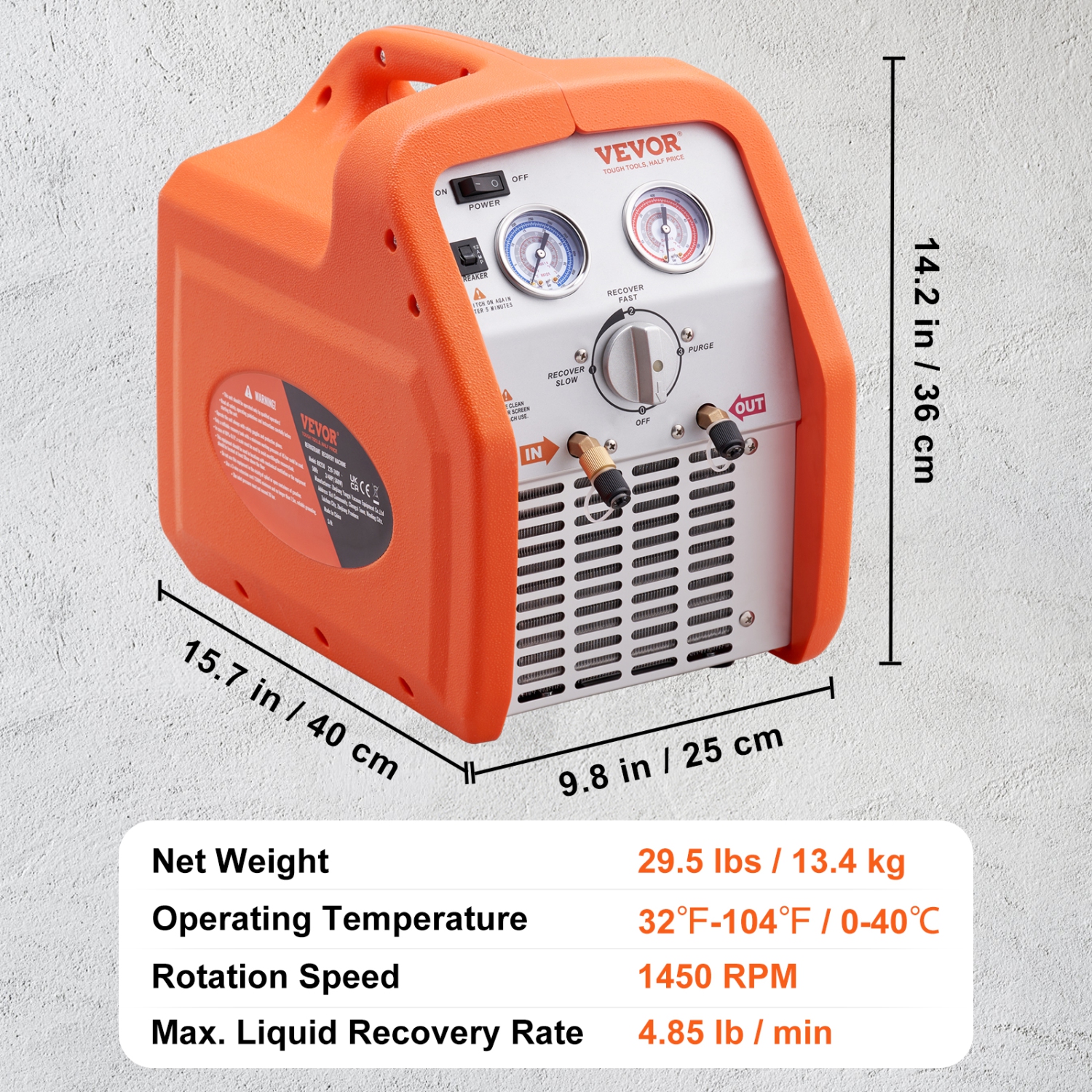 VEVOR 3/4 HP Portable Refrigerant Recovery Machine - AC Recovery Machine with High Pressure Protection 120V 60Hz Recovery Machine HVAC for Vapor