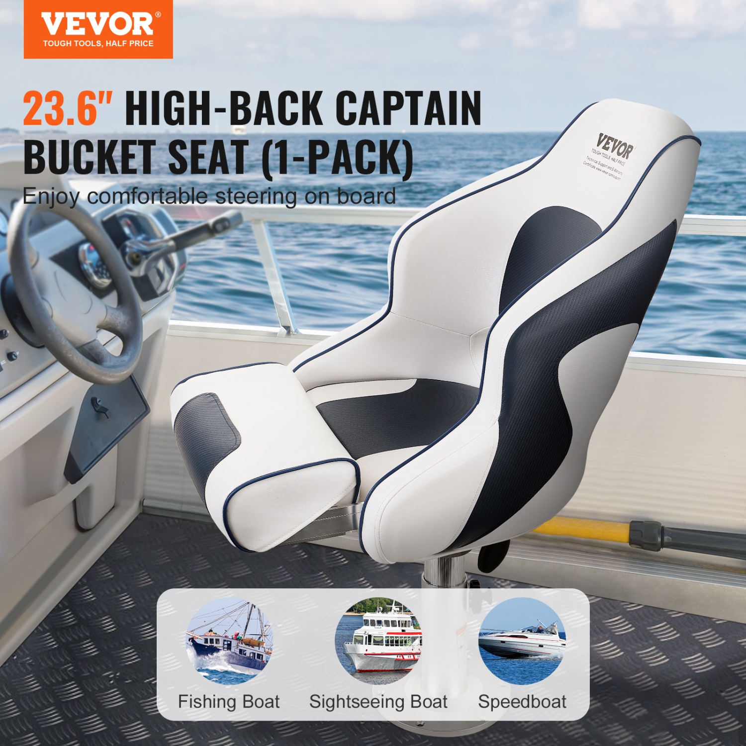 VEVOR Captain Bucket Seat Boat Seat, Flip Up Boat Seat, with Thickened Sponge Padding, Flip-up Bolster Boat Captain Chair for Fishing Boat,