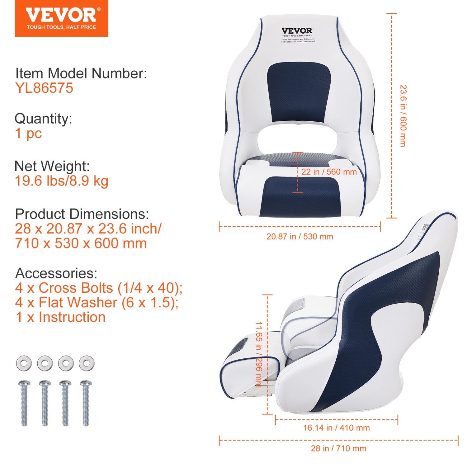 VEVOR Captain Bucket Seat Boat Seat, Flip Up Boat Seat, with Thickened Sponge Padding, Flip-up Bolster Boat Captain Chair for Fishing Boat,