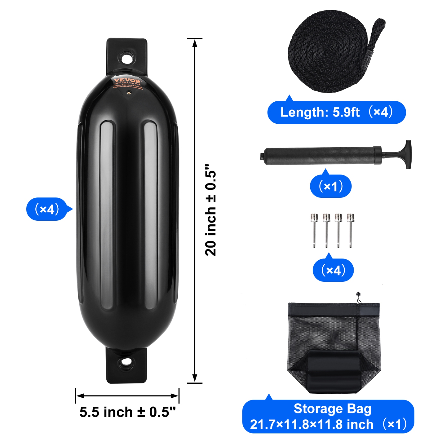 VEVOR Boat Fenders, 5.5" x 20" Boat Bumpers for Docking, Inflatable Ribbed Fender with Center Holes, Marine Boat Dock Fender Bumper with Air Pump, 4
