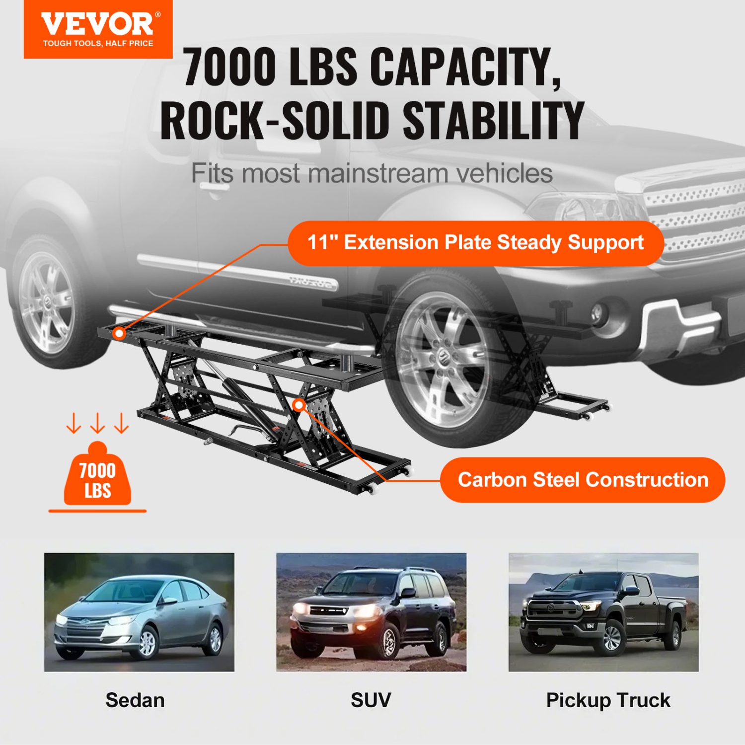 VEVOR Car Lift, 7,000 LBS Capacity Portable Car Lift, with Extended-Length Plates, 26.8" Max. Height, Heavy-duty Carbon Steel Truck Lift with Power