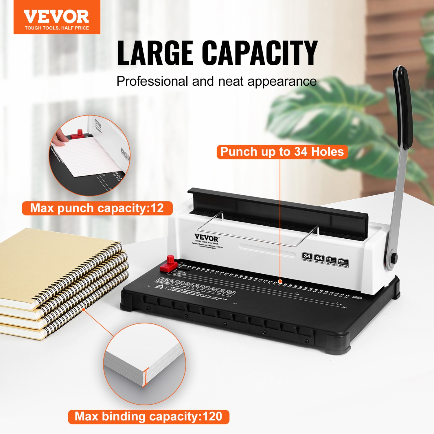 Relieuse à spirale à 34 trous VEVOR, reliure manuelle à 120 feuilles, reliure à spirale ajustable pour cartable à perforation 3/16&nbsp;» – reliure