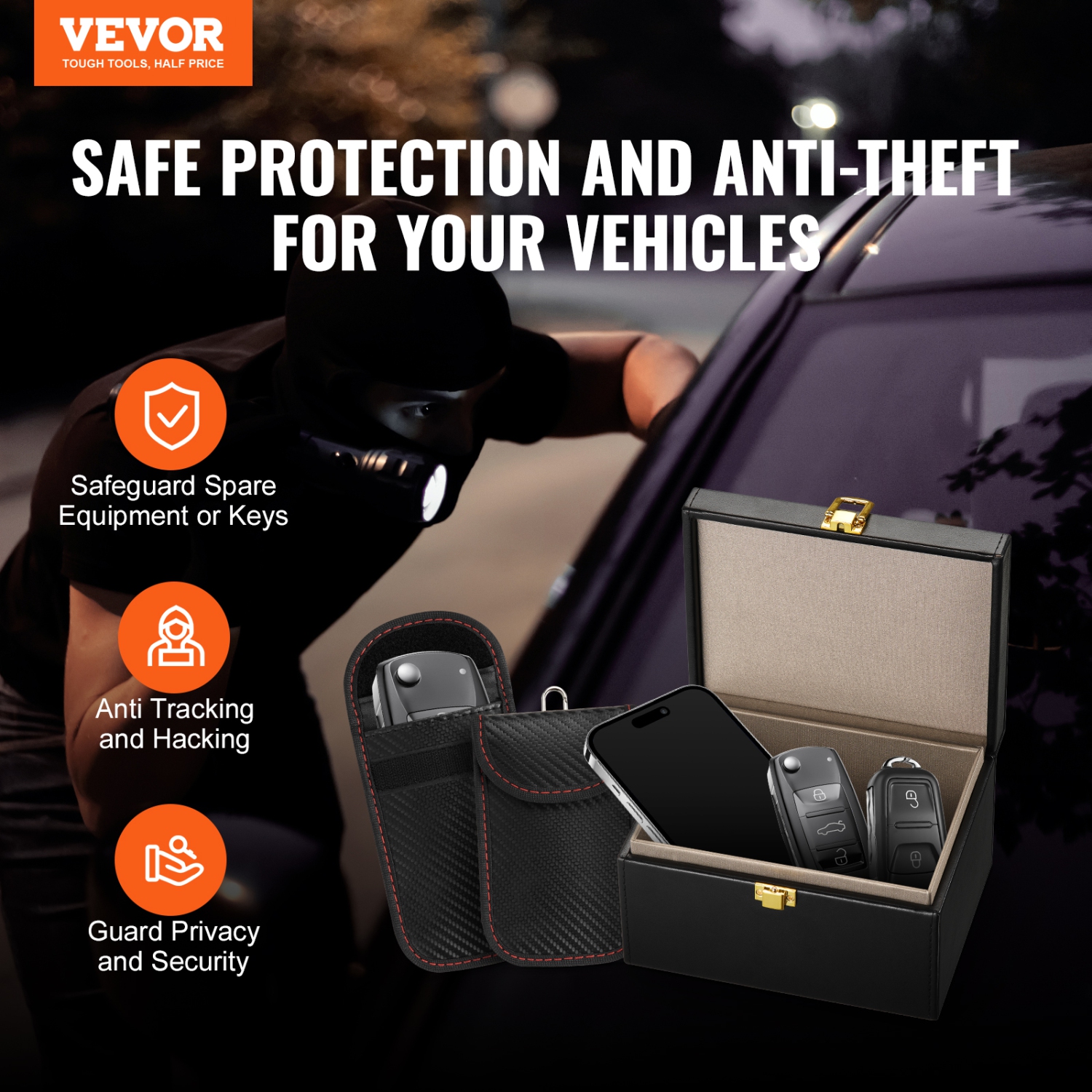 VEVOR 6.3 x 5.1 x 3.7" Faraday Box,PU Leather Signal Blocking Holde,Keyless Fob,Protector Shielding with 2 Key Bag,for WiFi, RFID, GPS, Bluetooth &