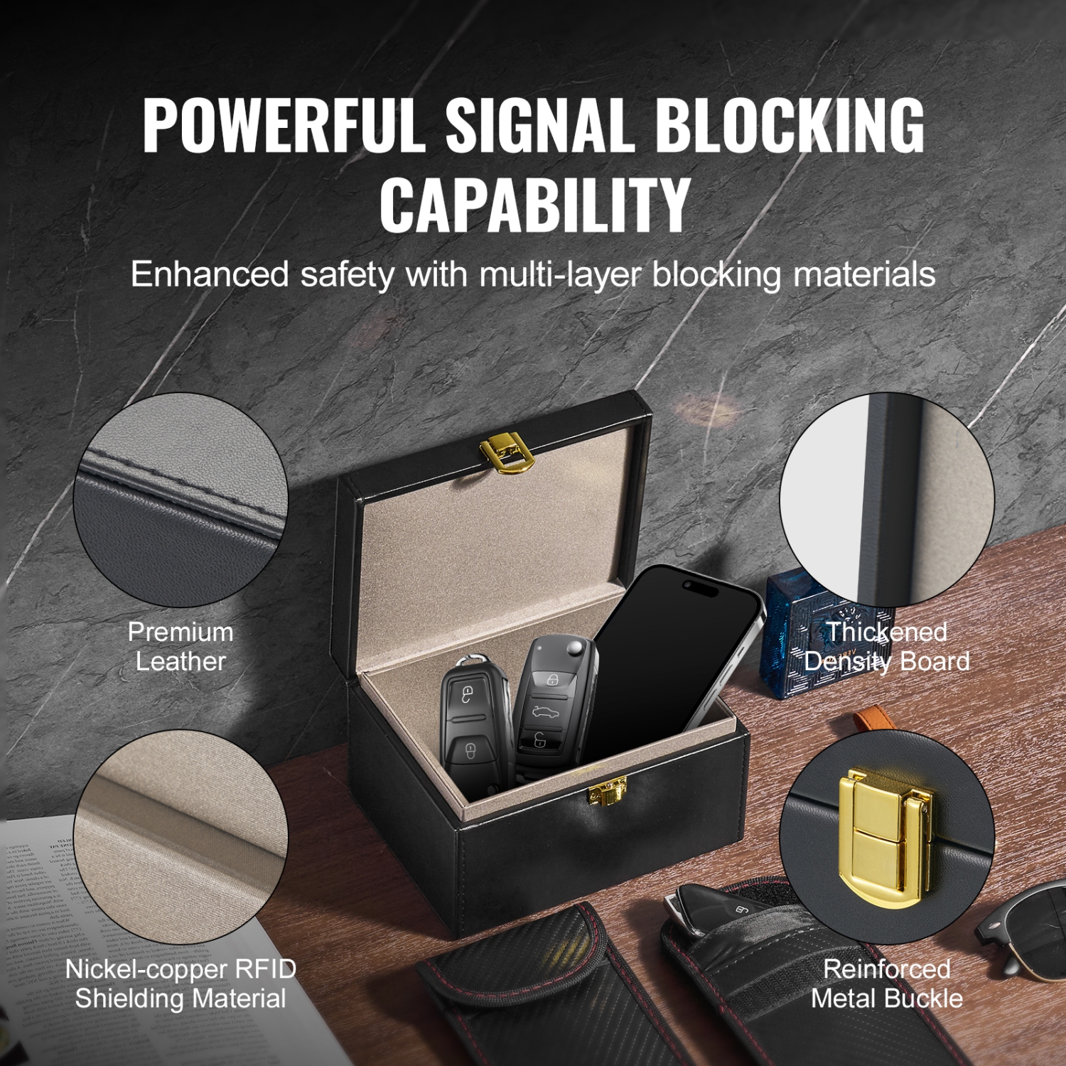VEVOR 6.3 x 5.1 x 3.7" Faraday Box,PU Leather Signal Blocking Holde,Keyless Fob,Protector Shielding with 2 Key Bag,for WiFi, RFID, GPS, Bluetooth &