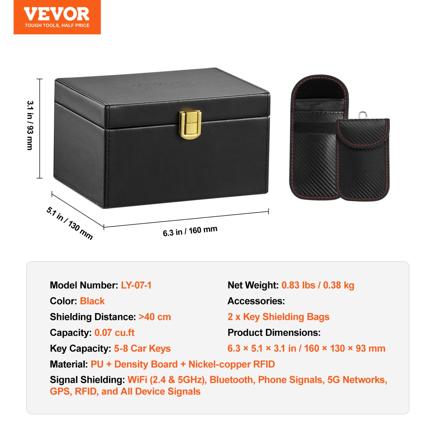 VEVOR 6.3 x 5.1 x 3.7" Faraday Box,PU Leather Signal Blocking Holde,Keyless Fob,Protector Shielding with 2 Key Bag,for WiFi, RFID, GPS, Bluetooth &