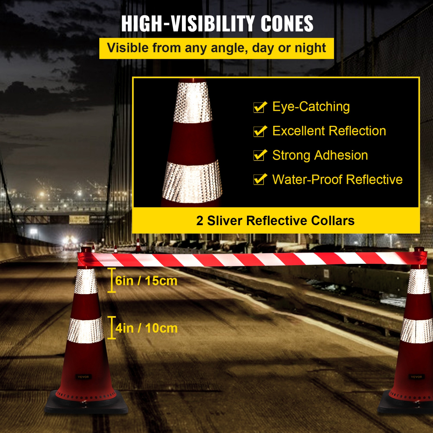 VEVOR 8 x 30" Safety Cones, PVC Orange Construction Cones, Reflective Collars Traffic Cones with Black Weighted Base Used for Traffic Control,