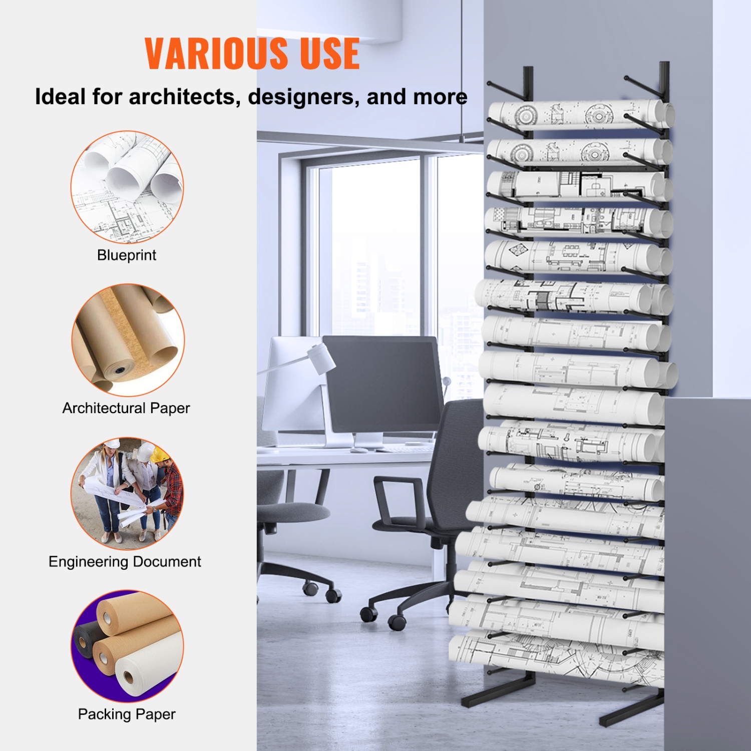 VEVOR 16-Tier Blueprint Storage Rack, Hanging Poster Display Rack, Vertical Blueprint Roll File Holder 2 Rolls/tire, Roll File Storage Rack for