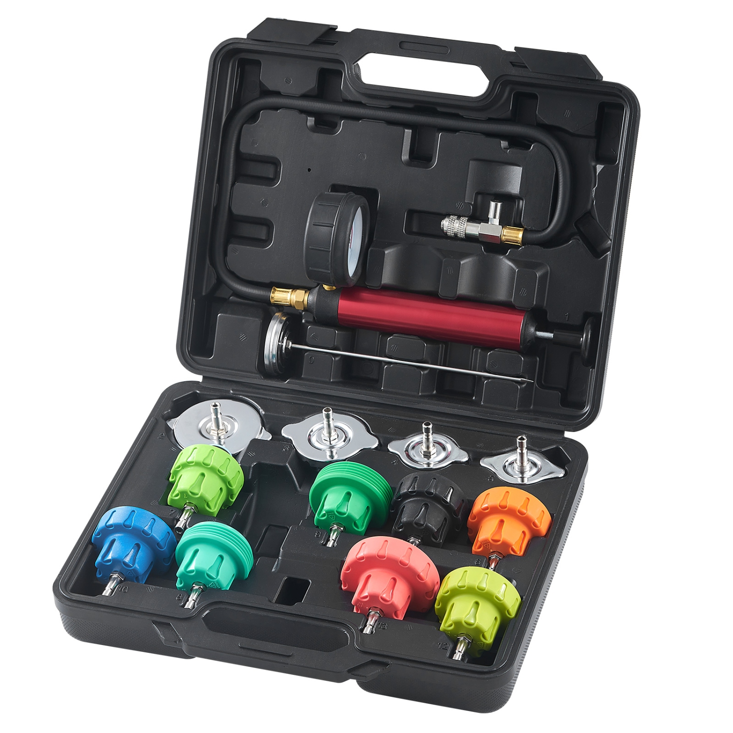 VEVOR 14 pcs Universal Radiator Pressure Tester Kit, Coolant Pressure Tester Kit with Manual Pump and Color-coded Steel Test Cap Adapters, with