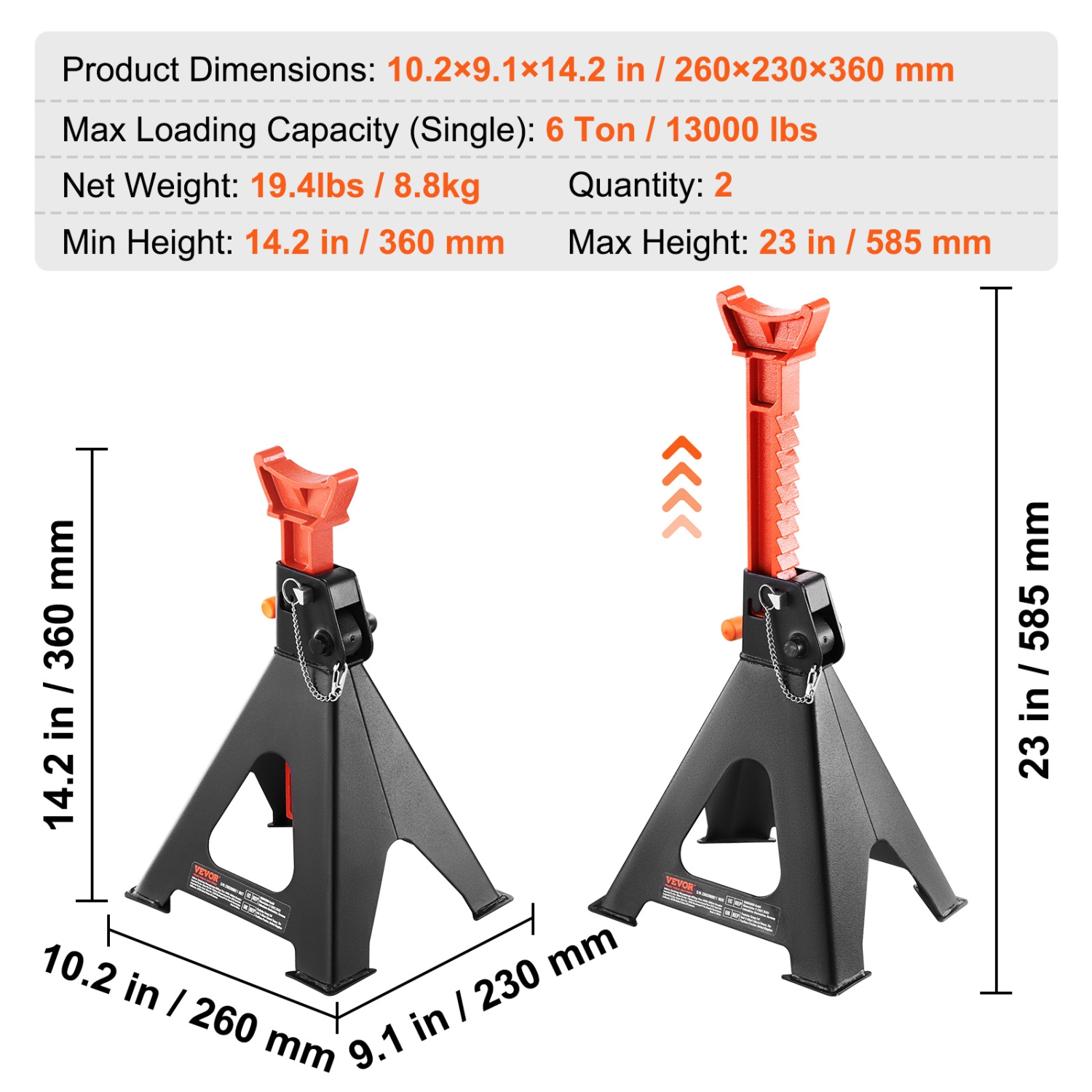VEVOR Jack Stands, 6 Ton Capacity Car Jack Stands Double Locking, 14.2 -23 inch Adjustable Height, for lifting SUV, Pickup Truck, Car and UTV/ATV,