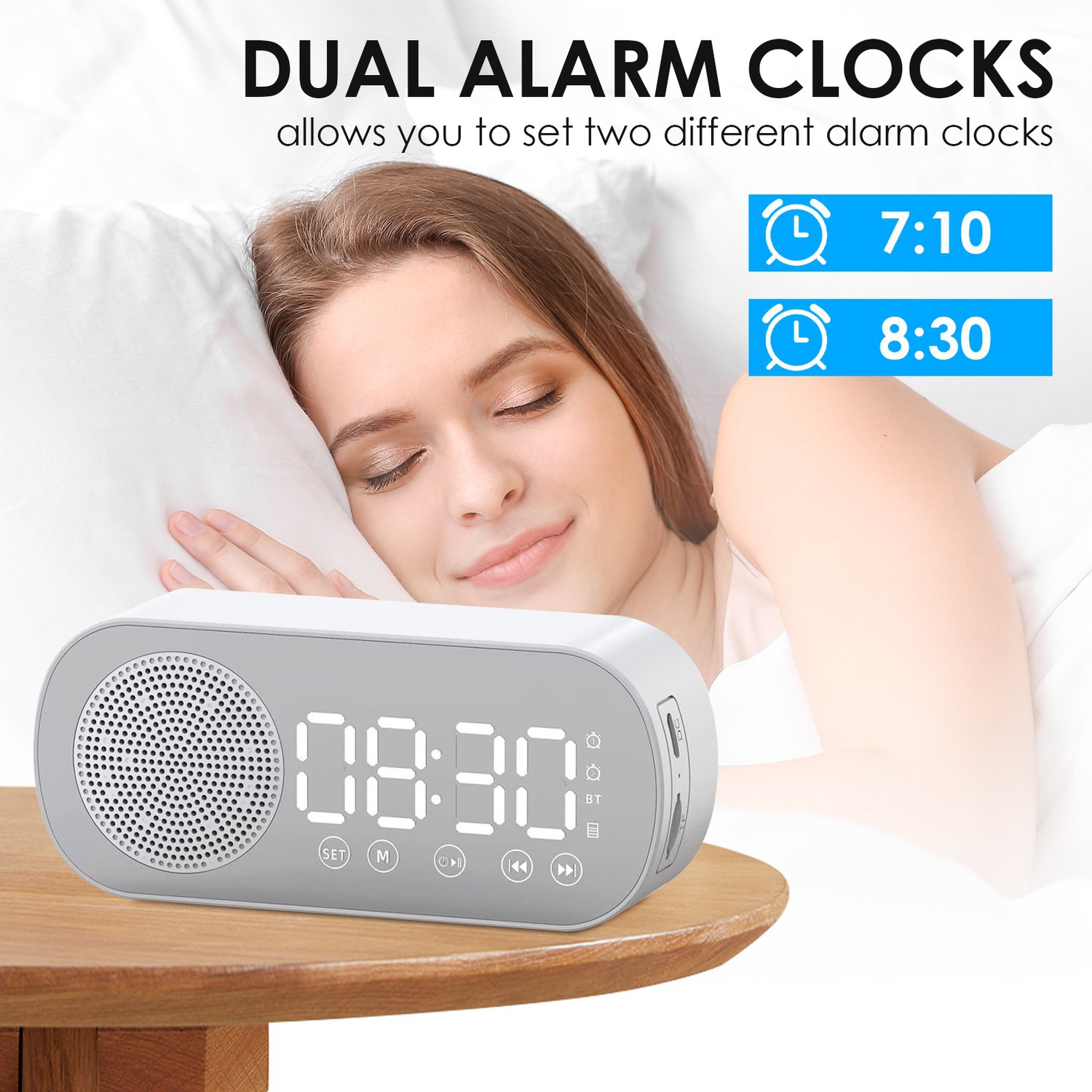 Réveille-matin à chargement USB avec miroir, horloge numérique, réveil de chambre à coucher avec haut-parleur Bluetooth pour le bureau de chambre à