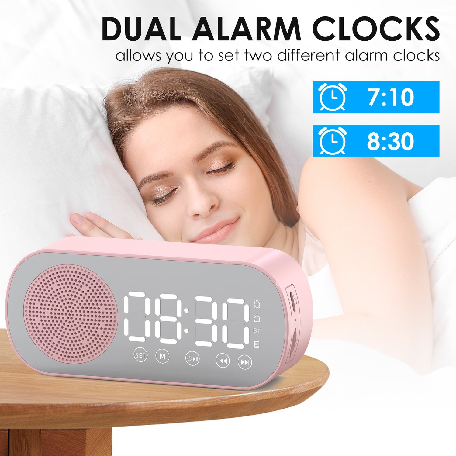 Radio FM intelligente multifonctionnelle, réveil avec haut-parleur Bluetooth, réveil avec miroir pour chambre et bureau