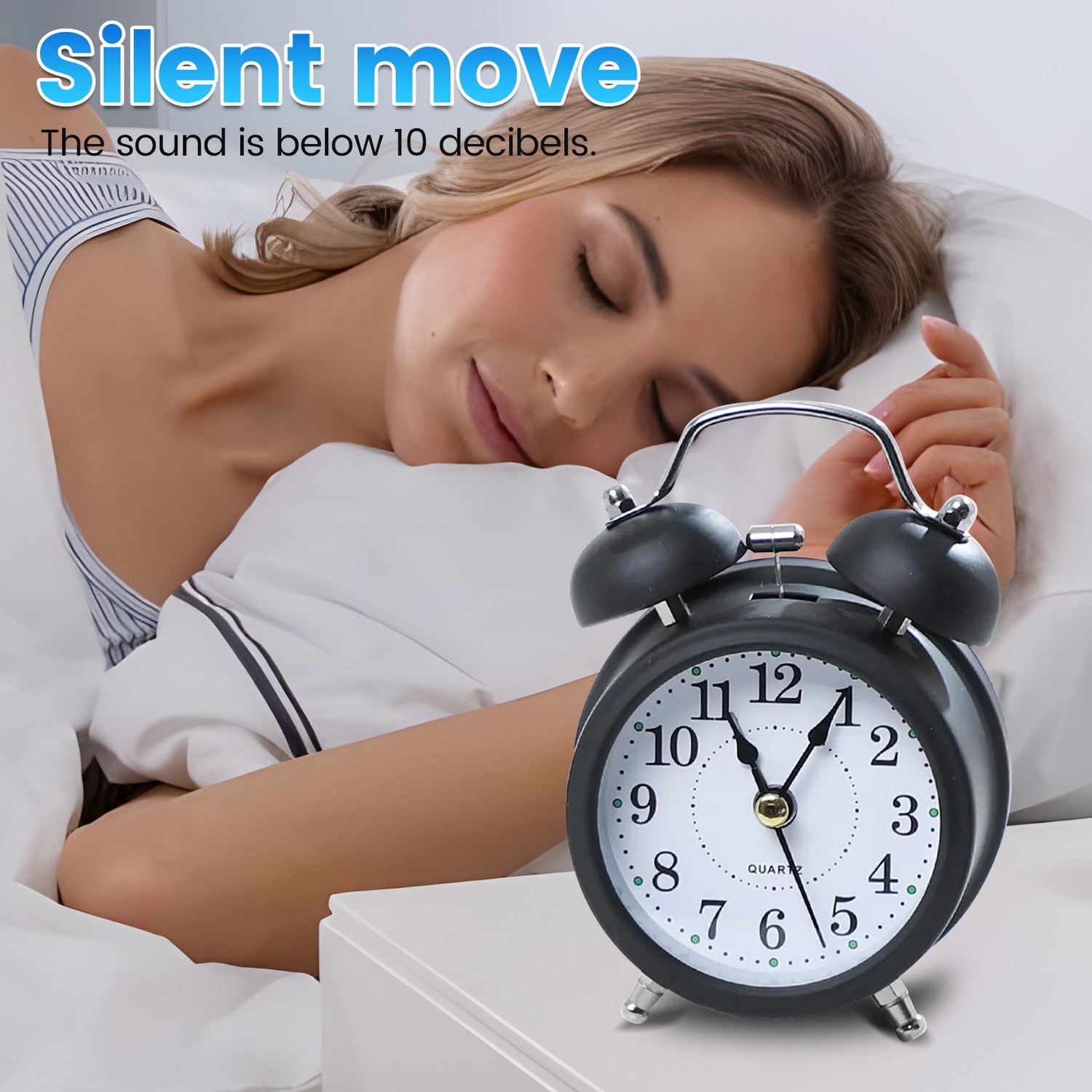 Réveille-matin rétro, réveil de voyage silencieux, réveil rond en métal avec veilleuse convenant au salon de la chambre à coucher