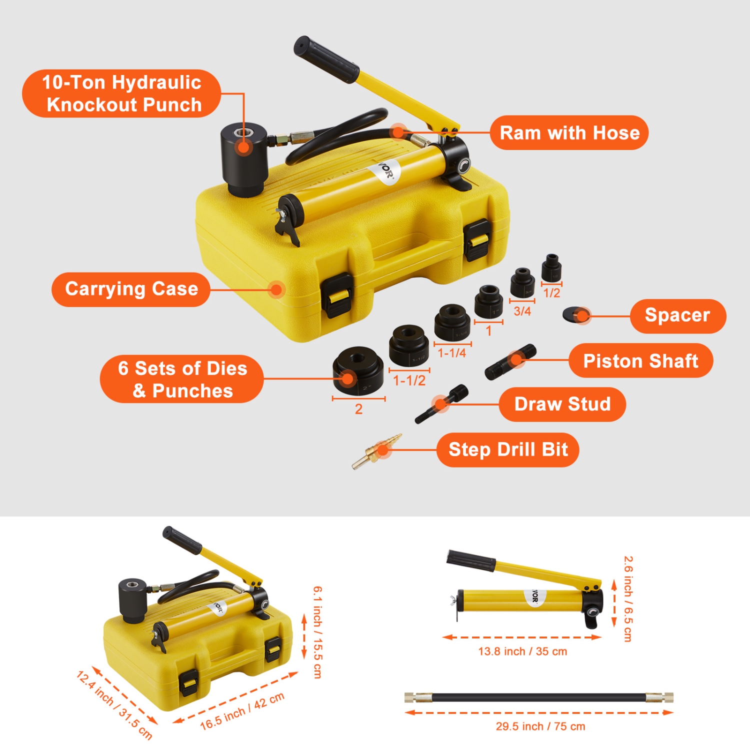 VEVOR 10 Ton Hydraulic Knockout Punch Kit, 1/2" to 2" Conduit Hole Cutter Set, KO Tool Kits with Puncher 6 Piece, For Aluminum, Brass, Stainless