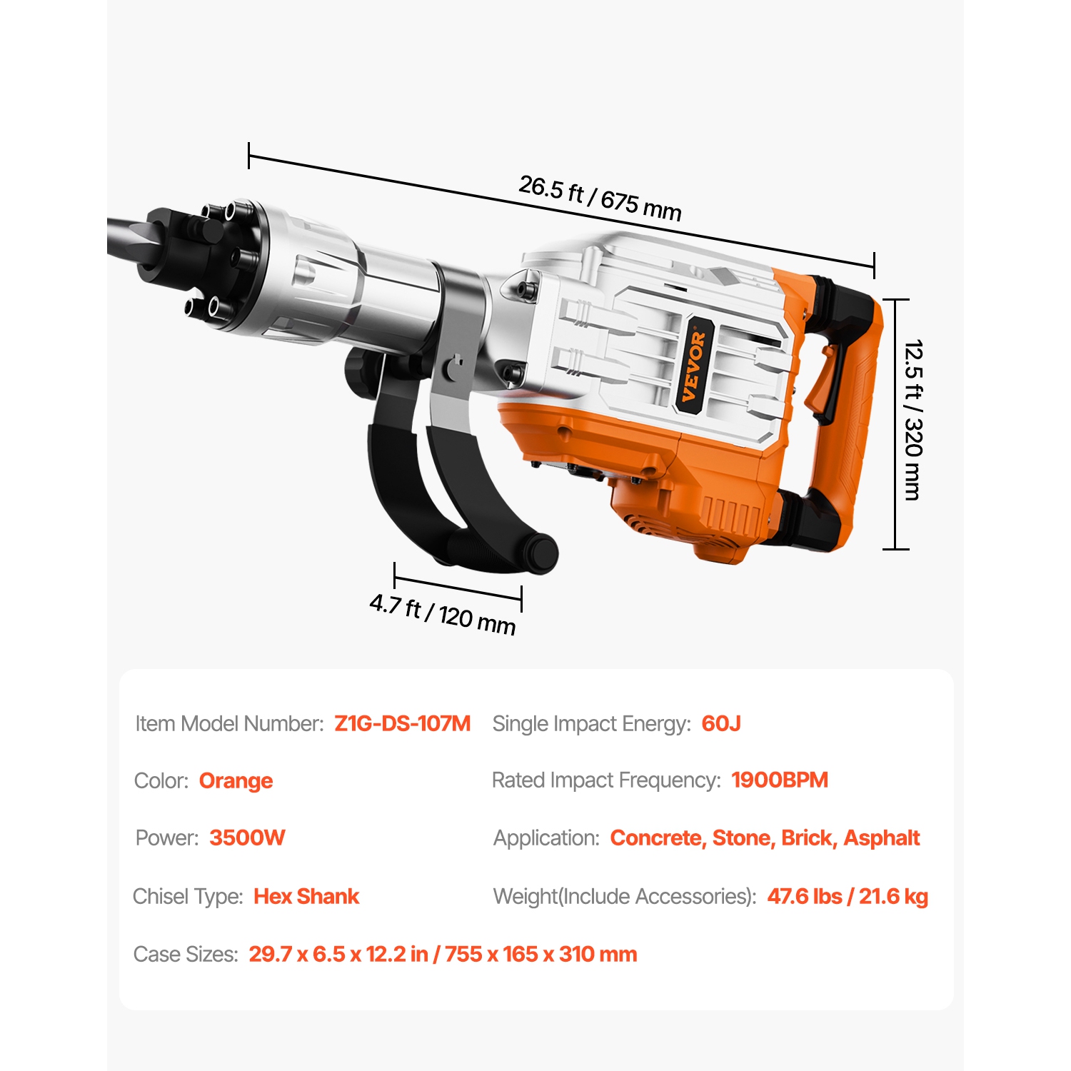 VEVOR 3500W Demolition Jack Hammer, Hammer Concrete Breaker, 1900 BPM Electric Jack Hammer, 2pcs Chisel with Gloves & 360°C Swiveling Front Handle
