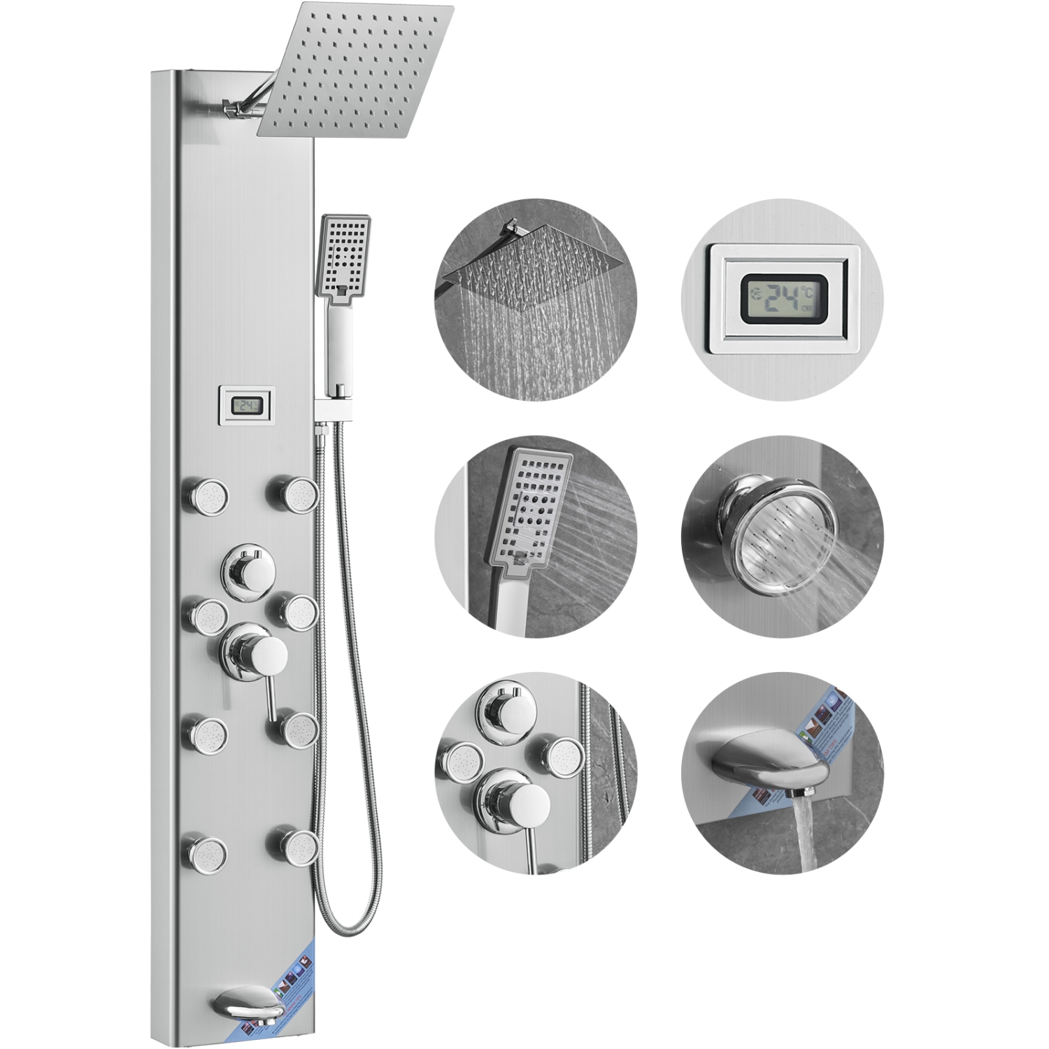 VEVOR Shower Panel System,6 Shower Modes, Digital Display Shower Panel Tower, Rainfall, 8 Massage Jets,Tub Spout,3-Setting Handheld Shower Head 59"