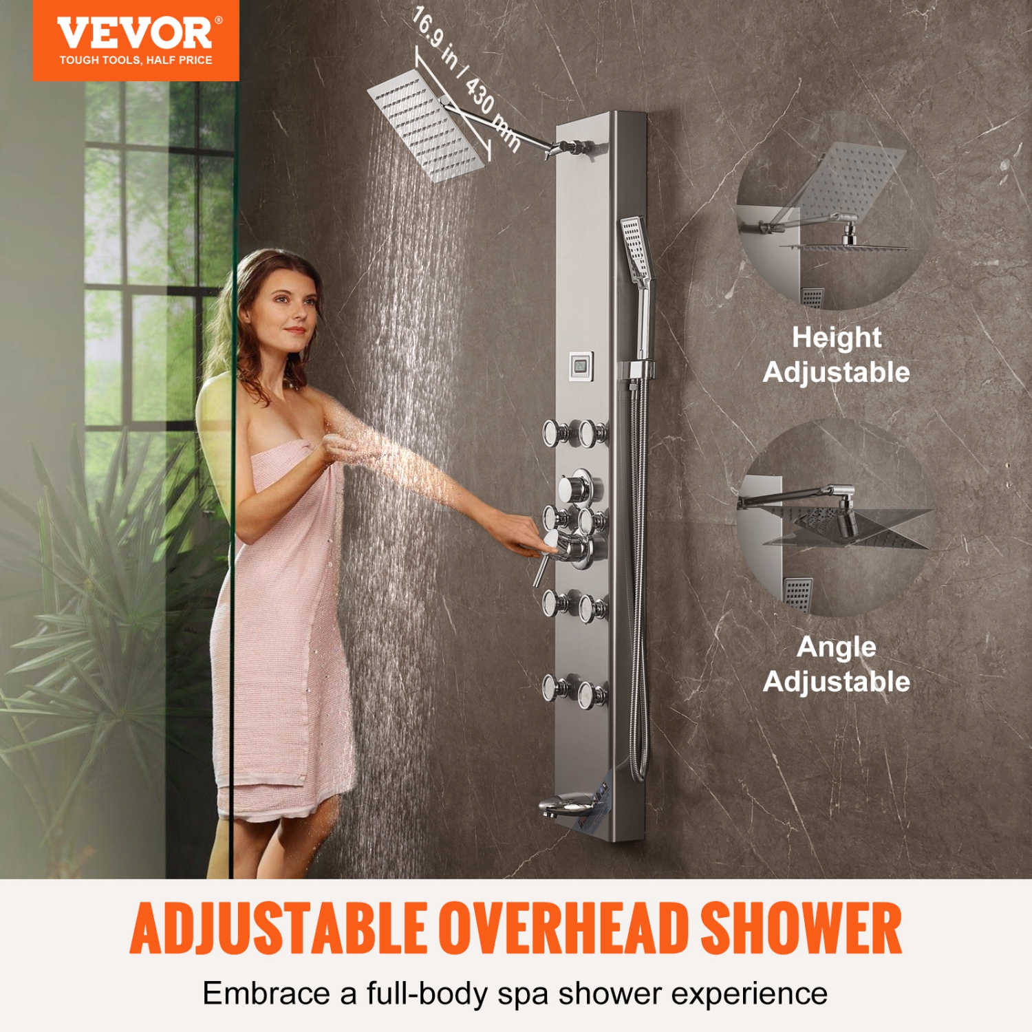 VEVOR Shower Panel System,6 Shower Modes, Digital Display Shower Panel Tower, Rainfall, 8 Massage Jets,Tub Spout,3-Setting Handheld Shower Head 59"