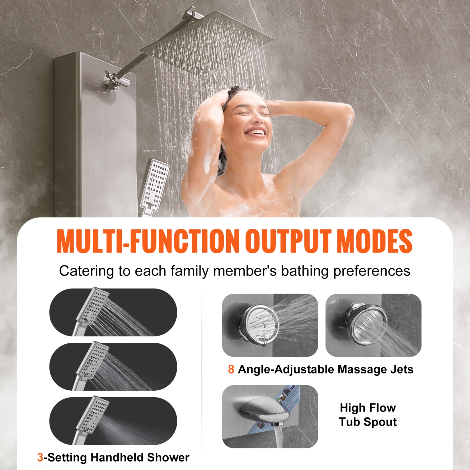 VEVOR Shower Panel System,6 Shower Modes, Digital Display Shower Panel Tower, Rainfall, 8 Massage Jets,Tub Spout,3-Setting Handheld Shower Head 59"