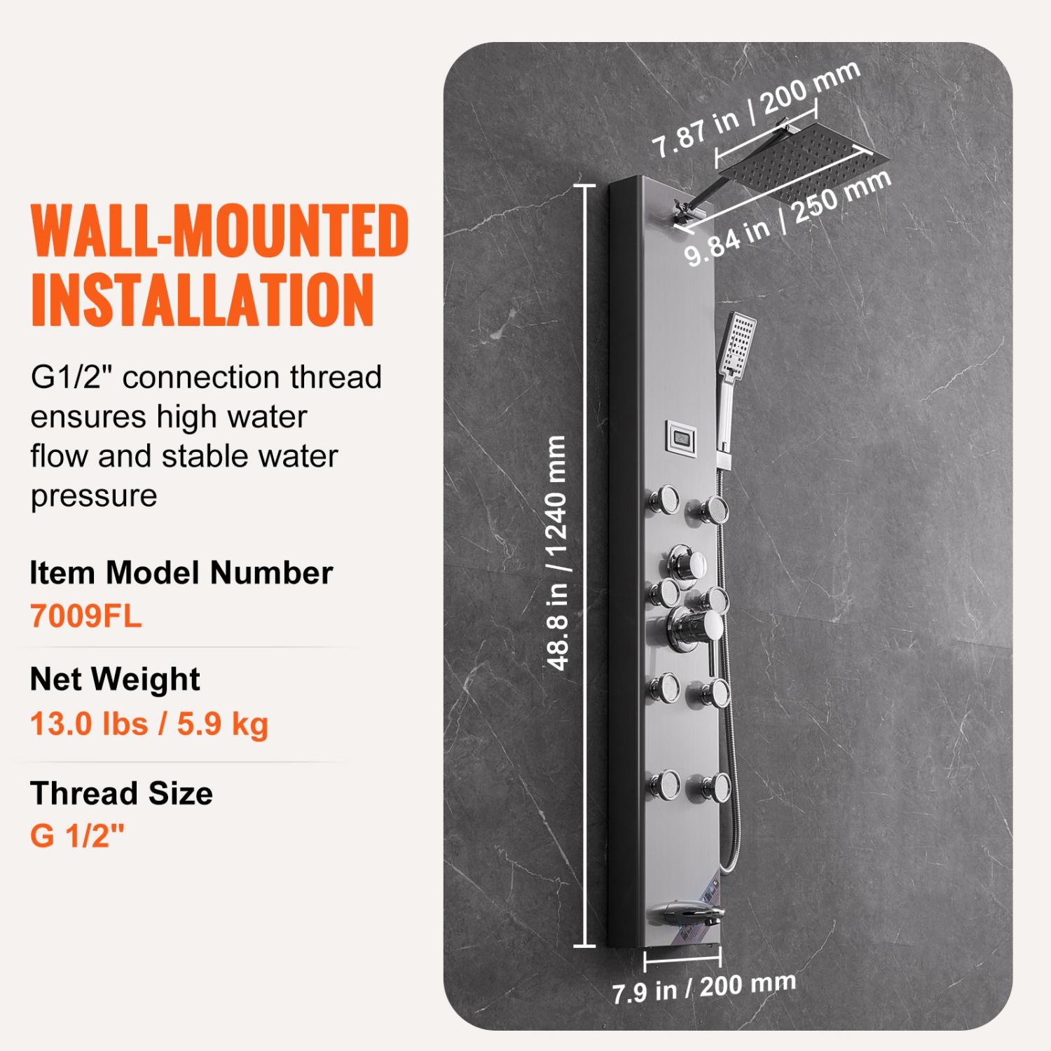 VEVOR Shower Panel System,6 Shower Modes, Digital Display Shower Panel Tower, Rainfall, 8 Massage Jets,Tub Spout,3-Setting Handheld Shower Head 59"