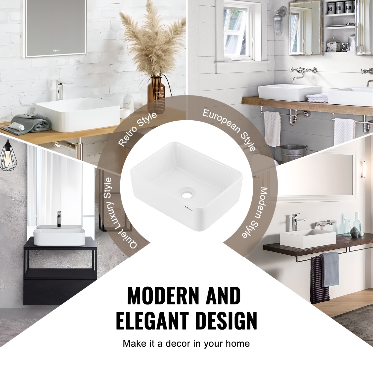 VEVOR 16" x 12" Rectangle Vessel Sink, Bathroom Vessel Sink Countertop, White Ceramic Bathroom Sinks Above Counter, Modern Style, Bright and Elegant,