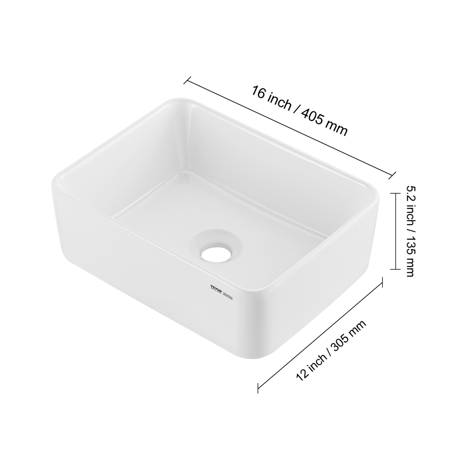 VEVOR 16" x 12" Rectangle Vessel Sink, Bathroom Vessel Sink Countertop, White Ceramic Bathroom Sinks Above Counter, Modern Style, Bright and Elegant,