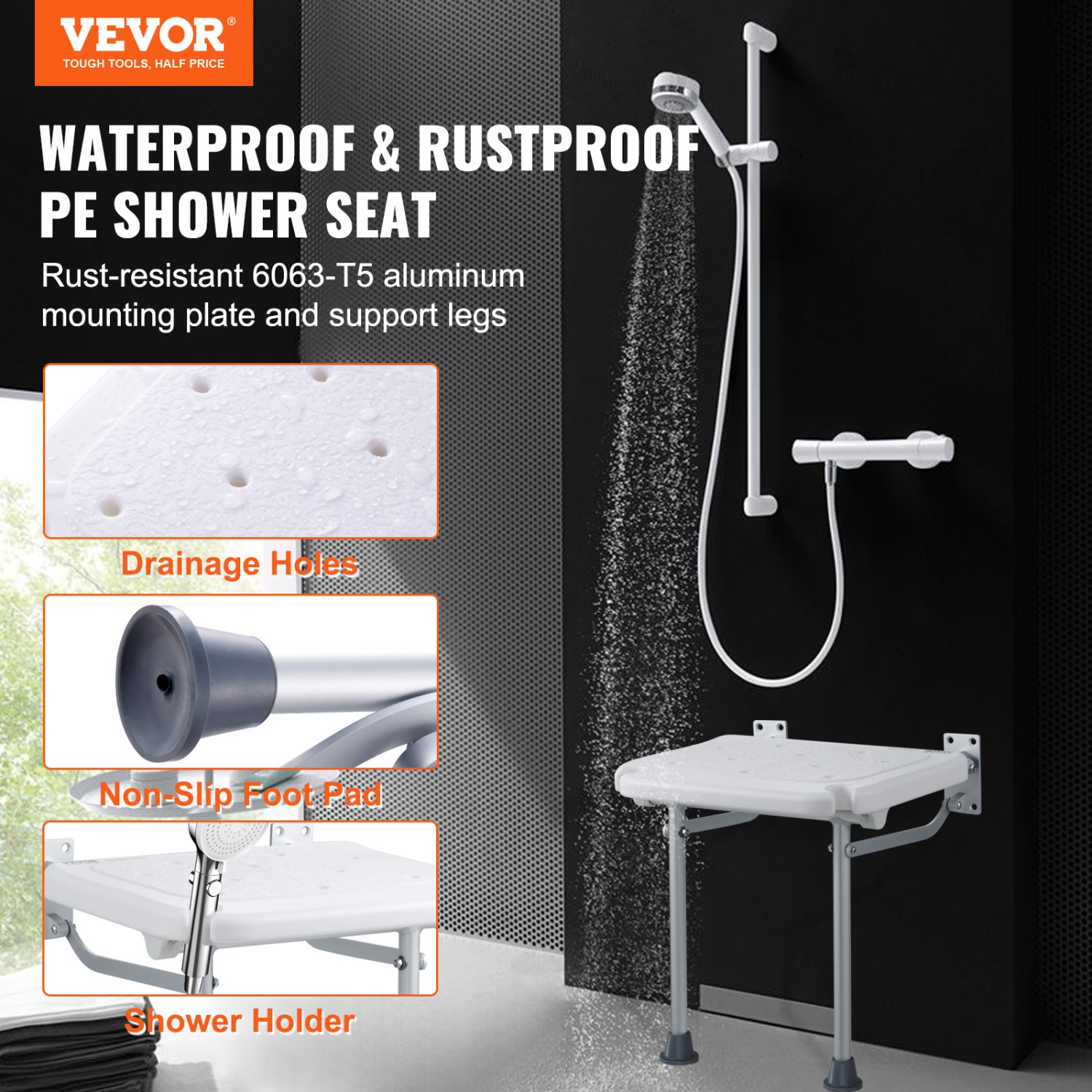 VEVOR Folding PE Shower Seat, 15.7'' x 14.8'' Unfolded, Wall Mounted Fold Up Shower Bench with 500 lbs Load Capacity, Space Saving Fold Down Shower