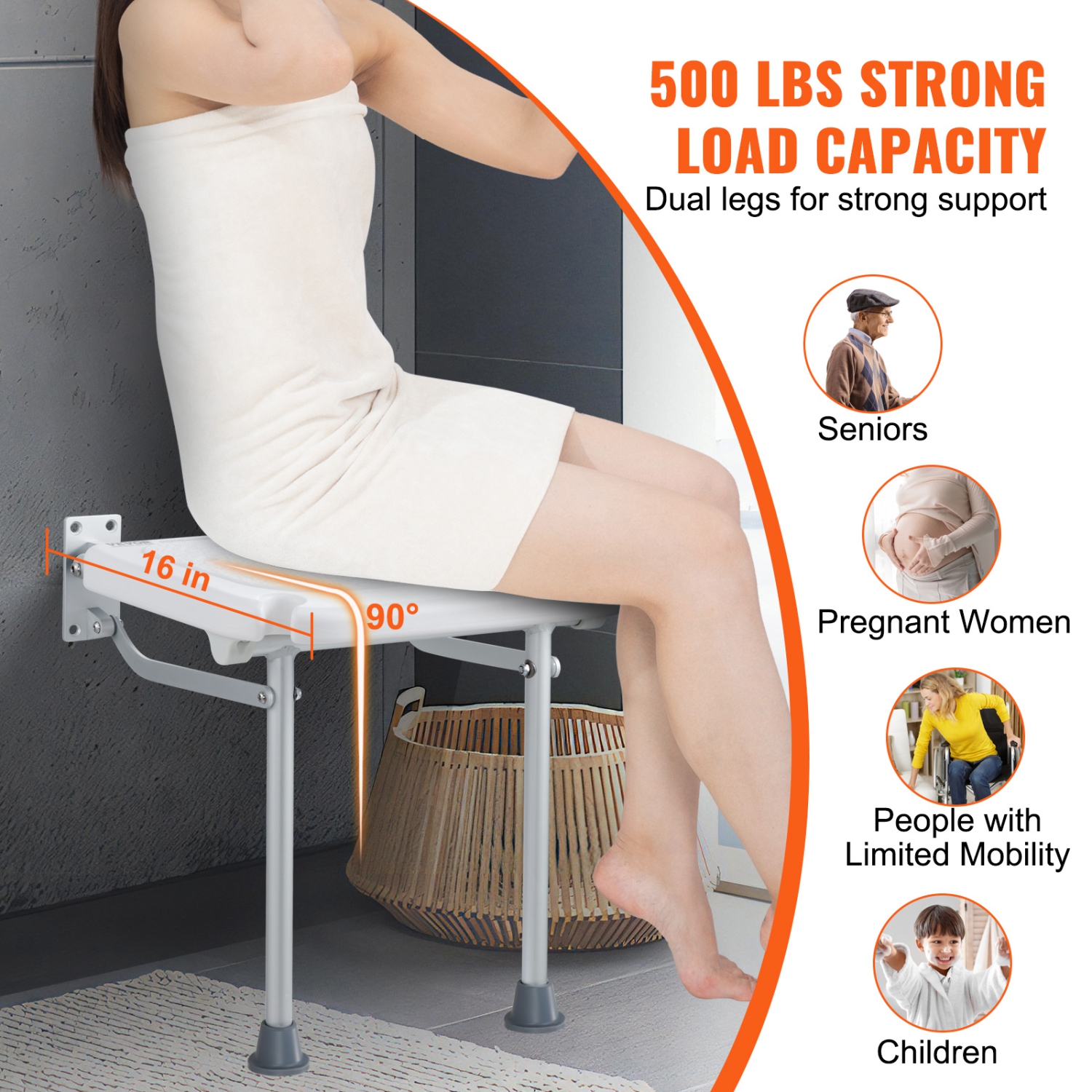 VEVOR Folding PE Shower Seat, 15.7'' x 14.8'' Unfolded, Wall Mounted Fold Up Shower Bench with 500 lbs Load Capacity, Space Saving Fold Down Shower