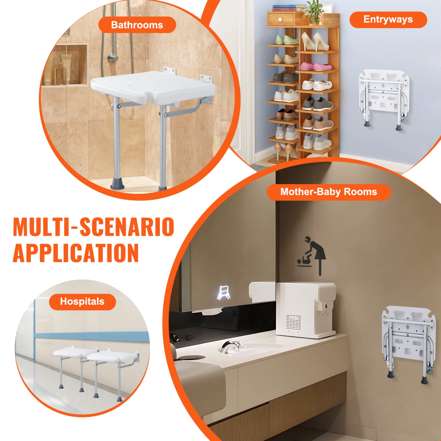 VEVOR Folding PE Shower Seat, 15.7'' x 14.8'' Unfolded, Wall Mounted Fold Up Shower Bench with 500 lbs Load Capacity, Space Saving Fold Down Shower