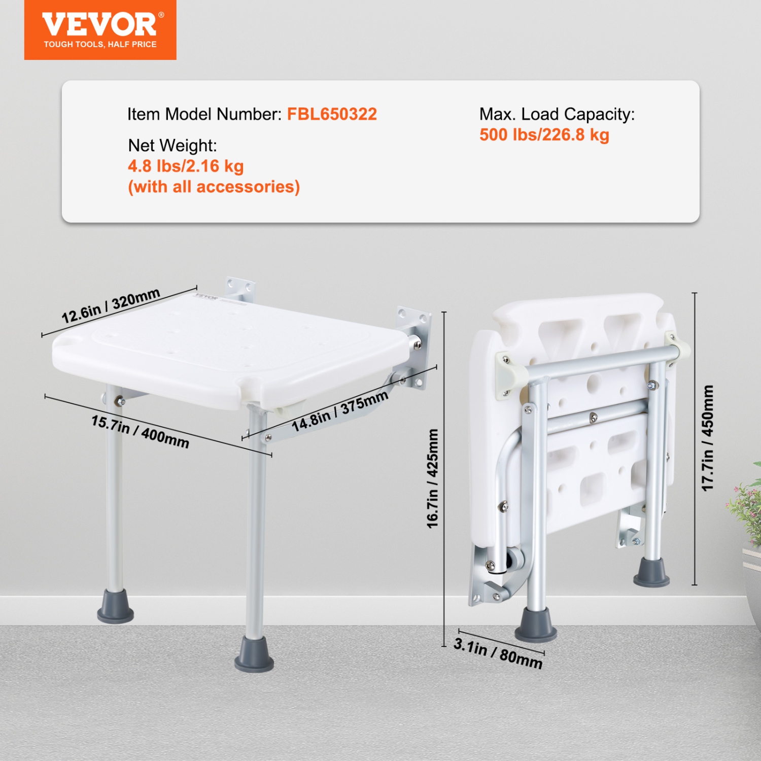 VEVOR Folding PE Shower Seat, 15.7'' x 14.8'' Unfolded, Wall Mounted Fold Up Shower Bench with 500 lbs Load Capacity, Space Saving Fold Down Shower