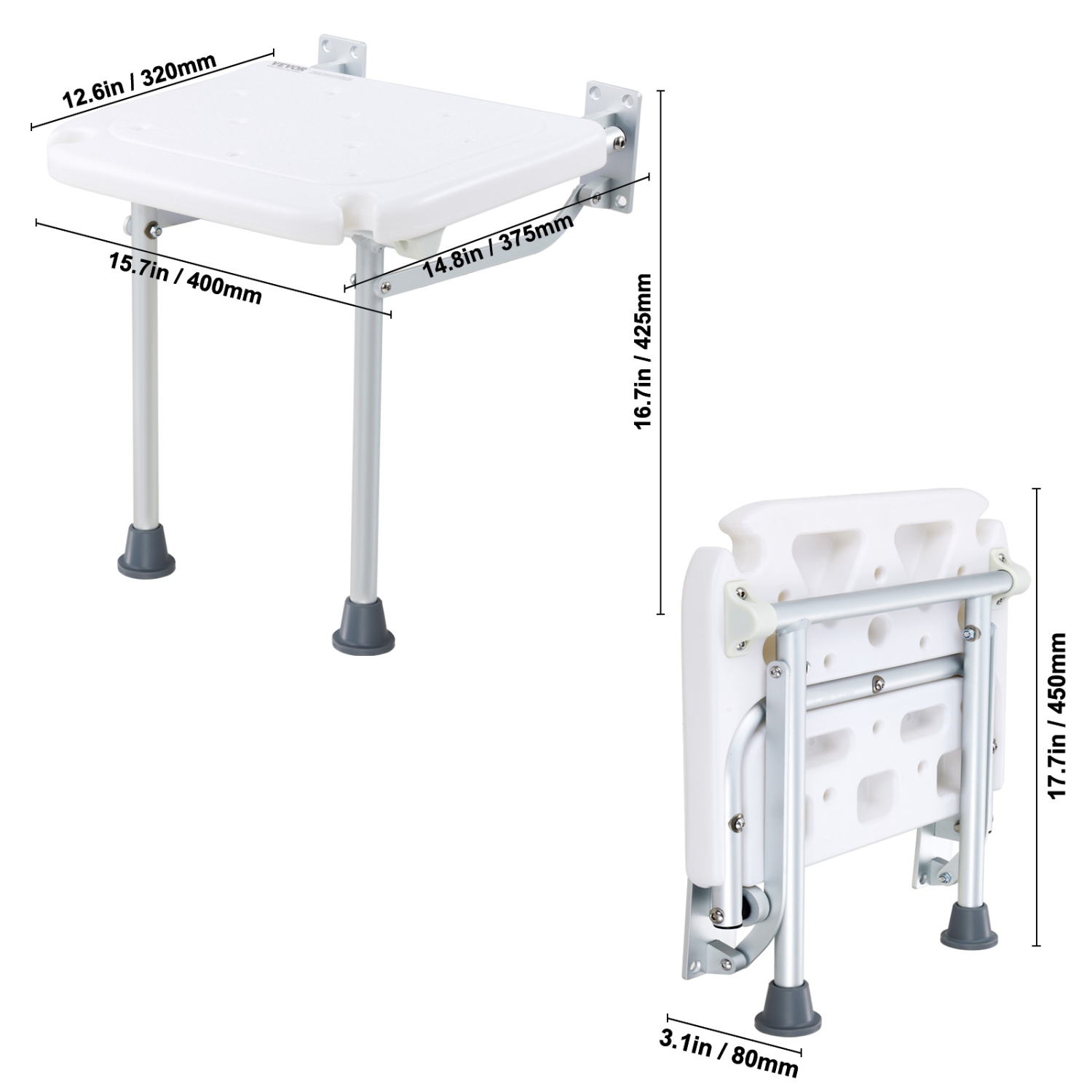 VEVOR Folding PE Shower Seat, 15.7'' x 14.8'' Unfolded, Wall Mounted Fold Up Shower Bench with 500 lbs Load Capacity, Space Saving Fold Down Shower