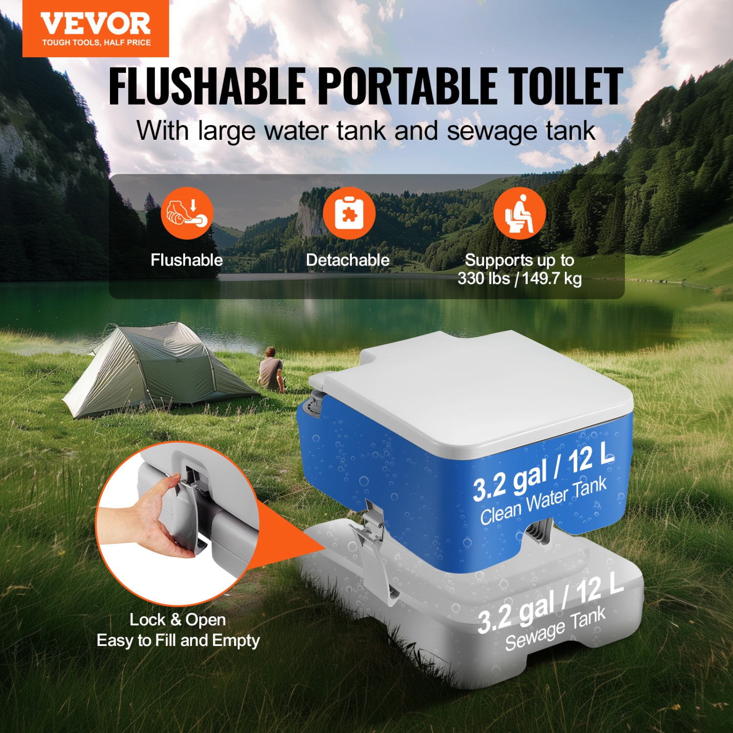VEVOR Portable Toilet for Camping with Carry Bag, RV Toilet with 3.2 Gal Waste Tank, Push-Button Pressurized Flush Commode, Leak-proof and Odourless