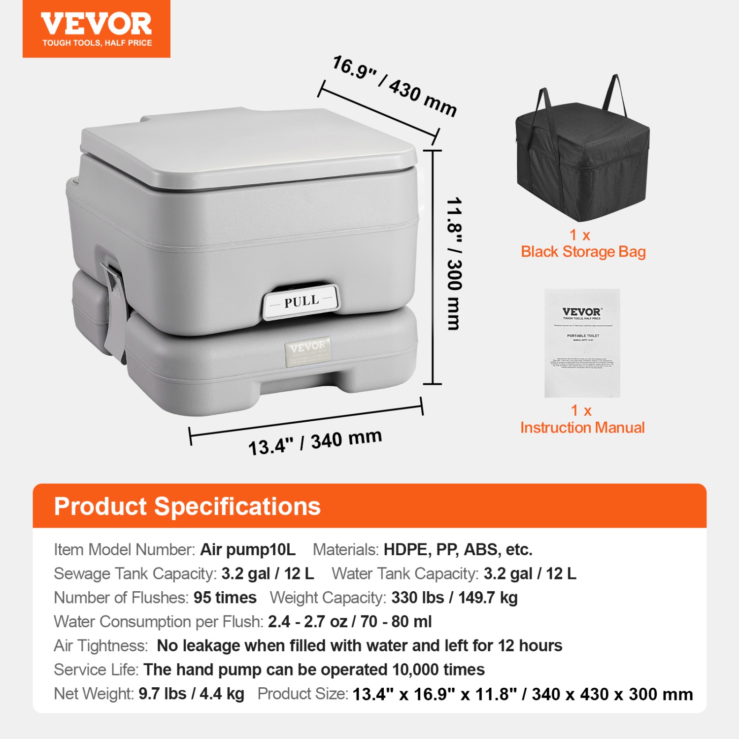 VEVOR Portable Toilet for Camping with Carry Bag, RV Toilet with 3.2 Gal Waste Tank, Push-Button Pressurized Flush Commode, Leak-proof and Odourless