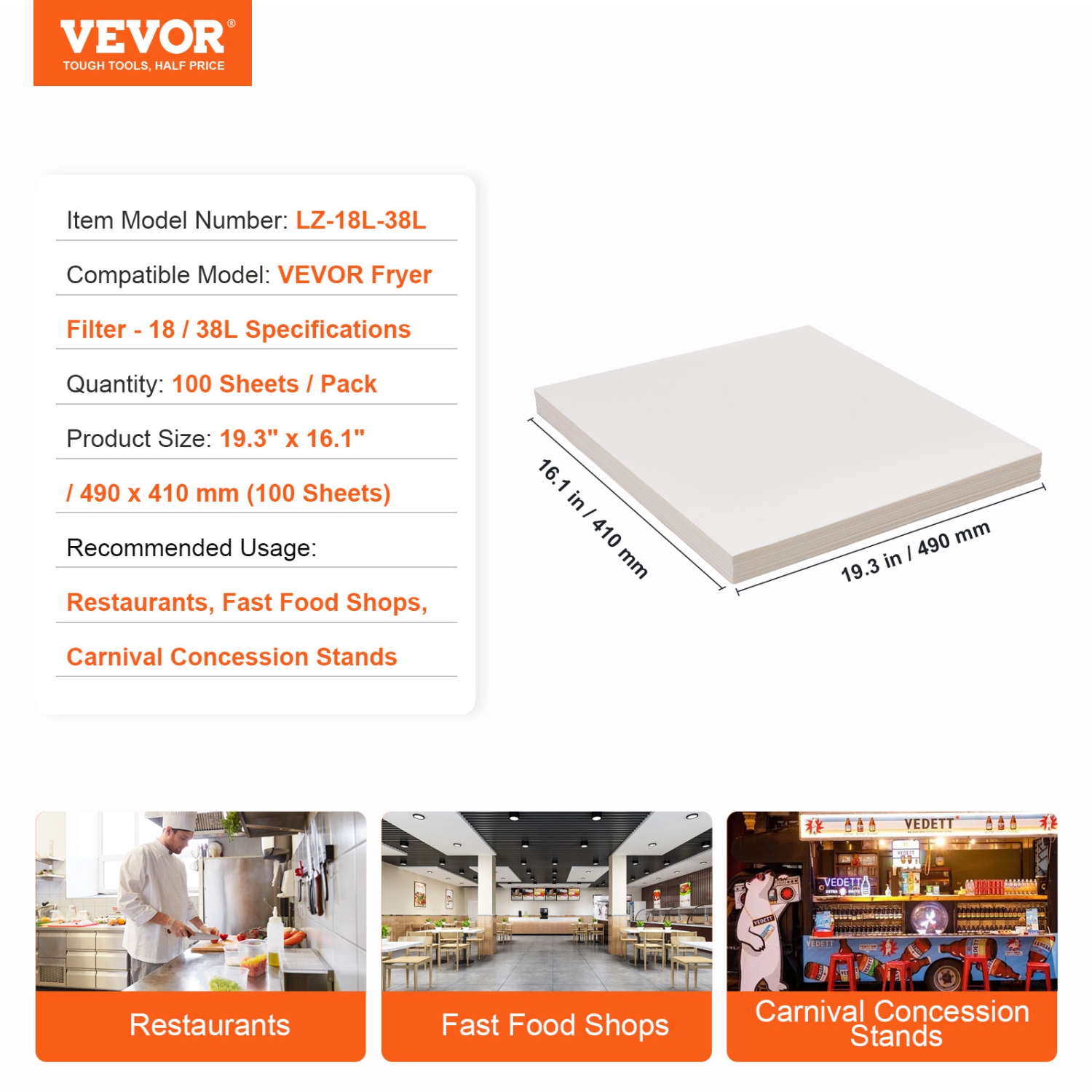 VEVOR 19.3"x16.1" Fryer Filter Paper, 100 Sheets, Replacement Deep Fryer Filter Sheets for 18L/38L Commercial Mobile Fryer Filter Machine, for