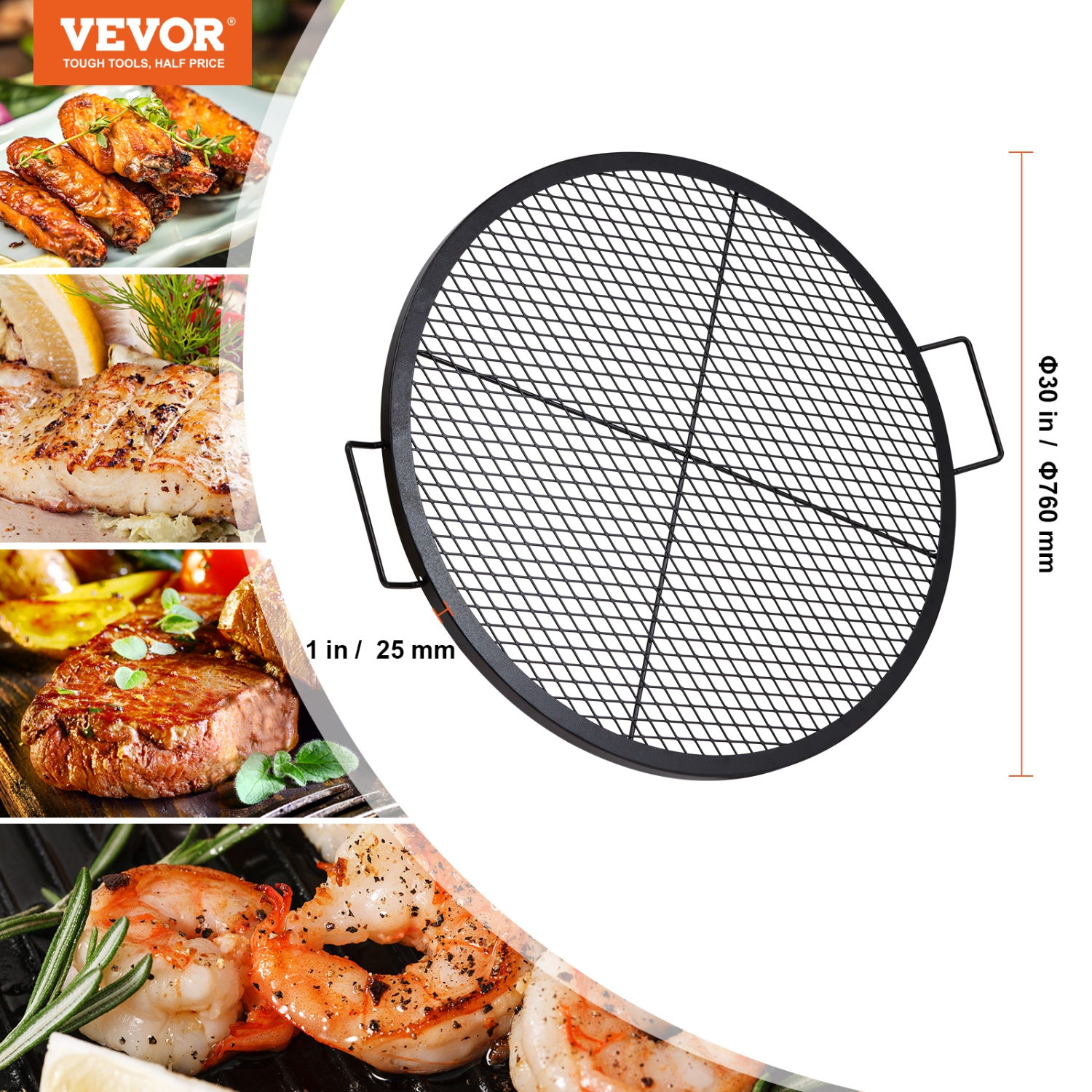 VEVOR X-Marks Fire Pit Grill Grate, Round Cooking Grate, Heavy Duty Steel Campfire BBQ Grill Grid with Handle and Support X Wire, Portable Camping