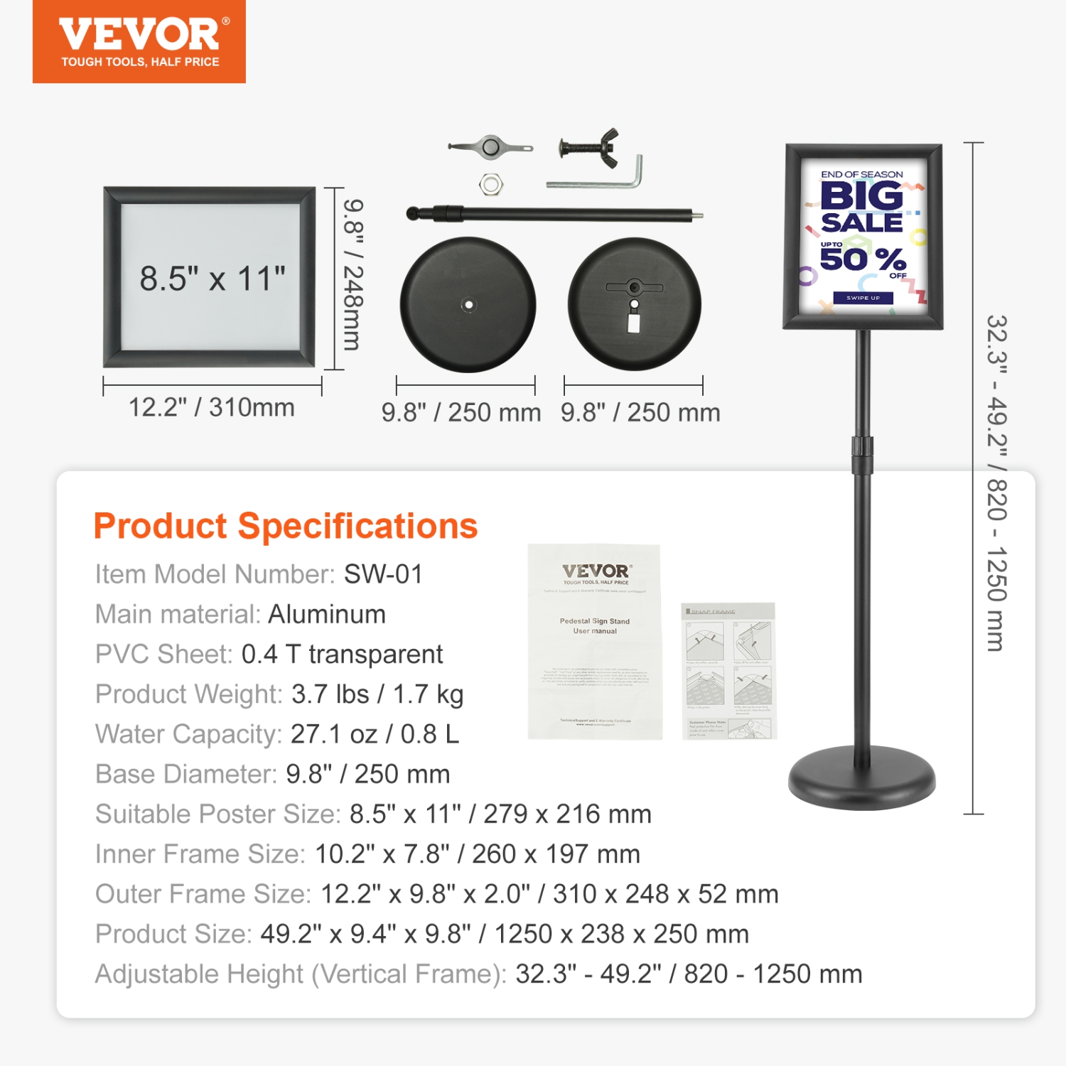 VEVOR 8.5 x 11 Inch Pedestal Sign Holder, Vertical and Horizontal Adjustable Poster Stand, Heavy-Duty Floor Standing Sign Holder with Round Base for