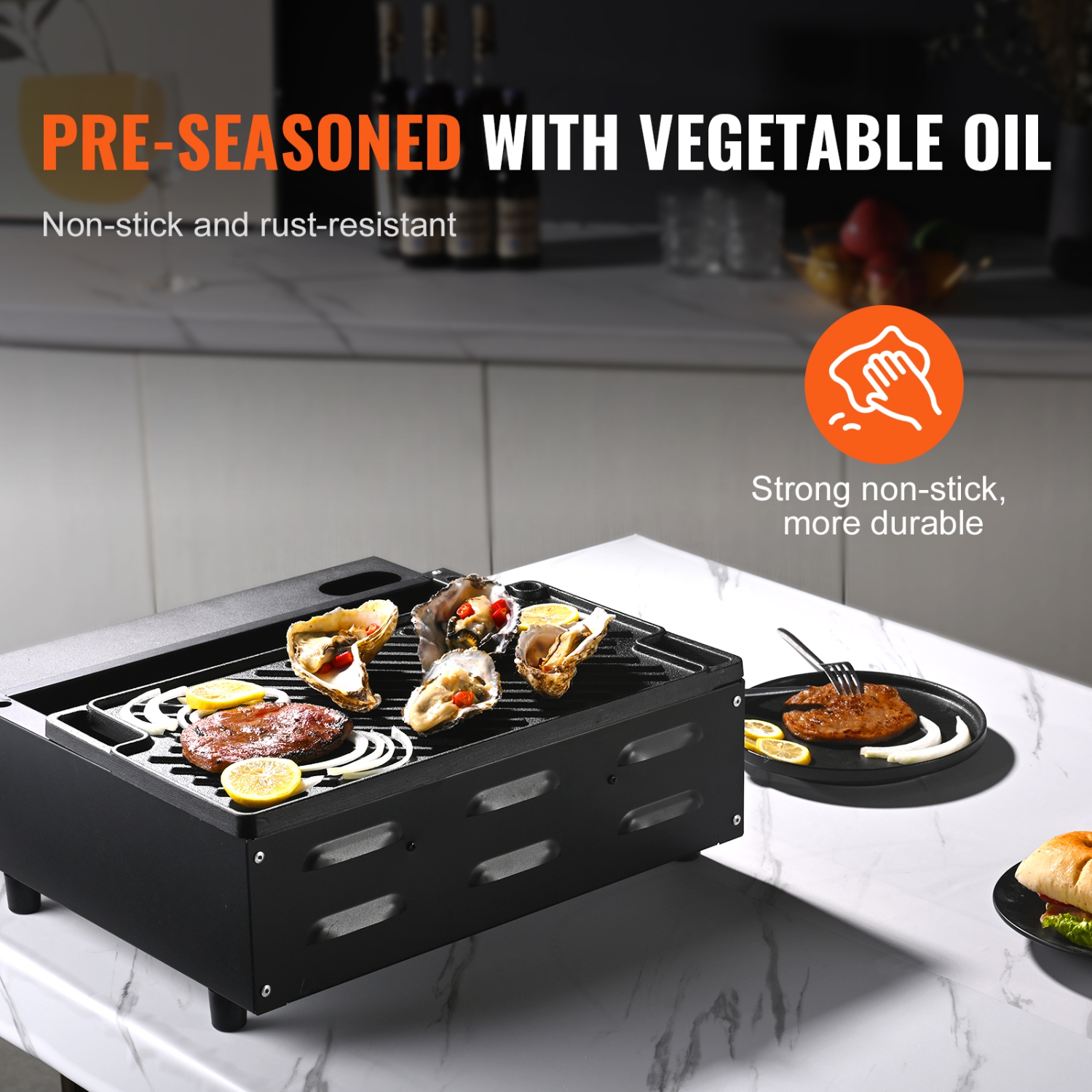 VEVOR 9.7"x16.7" Reversible Grill/Griddle, Pre-Seasoned Cast Iron Griddle, Rectangular Double Burner Griddle Pan, Non-Stick Family Pan Cookware with