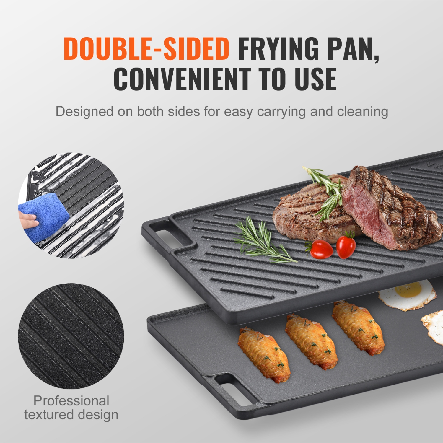 VEVOR 9.7"x16.7" Reversible Grill/Griddle, Pre-Seasoned Cast Iron Griddle, Rectangular Double Burner Griddle Pan, Non-Stick Family Pan Cookware with