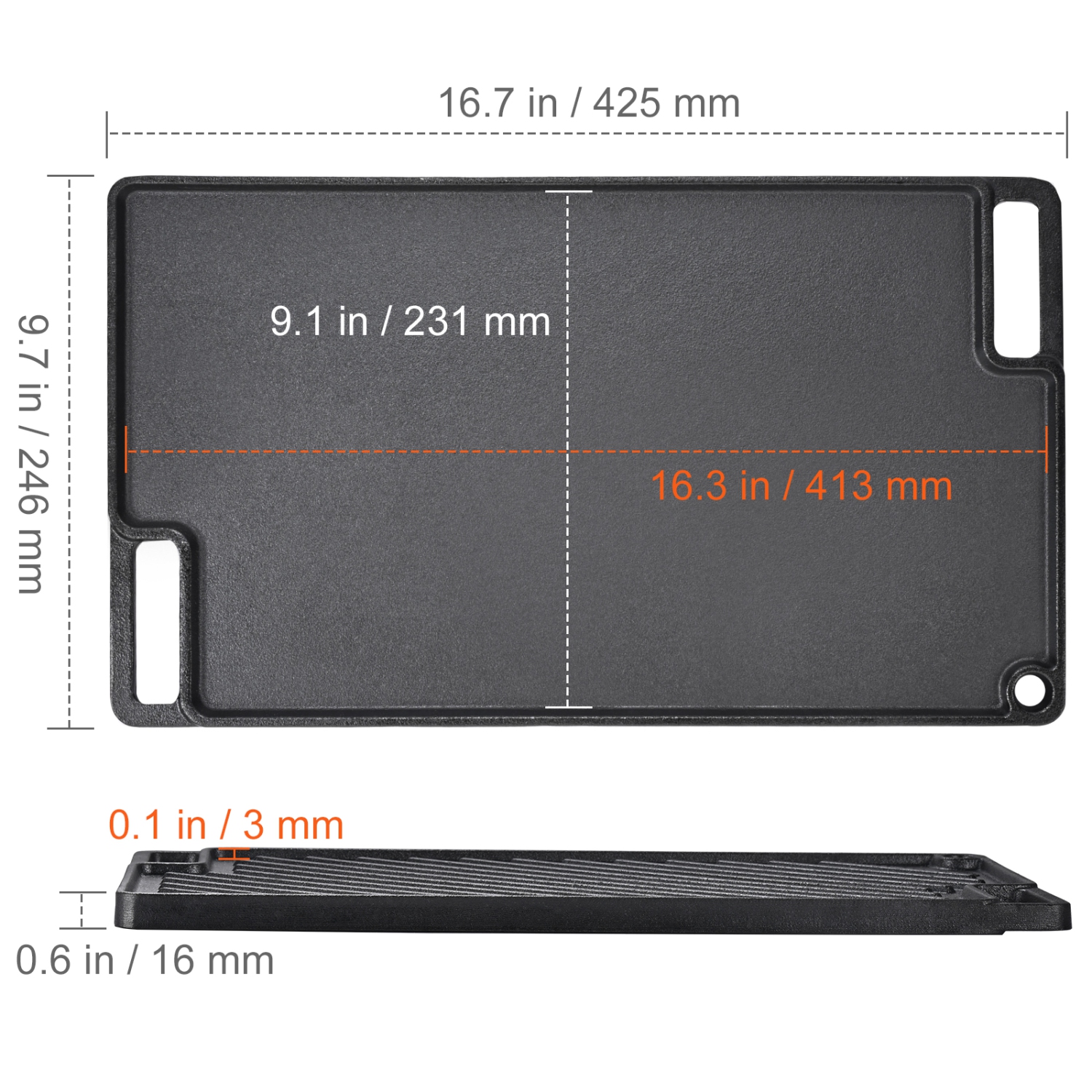 VEVOR 9.7"x16.7" Reversible Grill/Griddle, Pre-Seasoned Cast Iron Griddle, Rectangular Double Burner Griddle Pan, Non-Stick Family Pan Cookware with