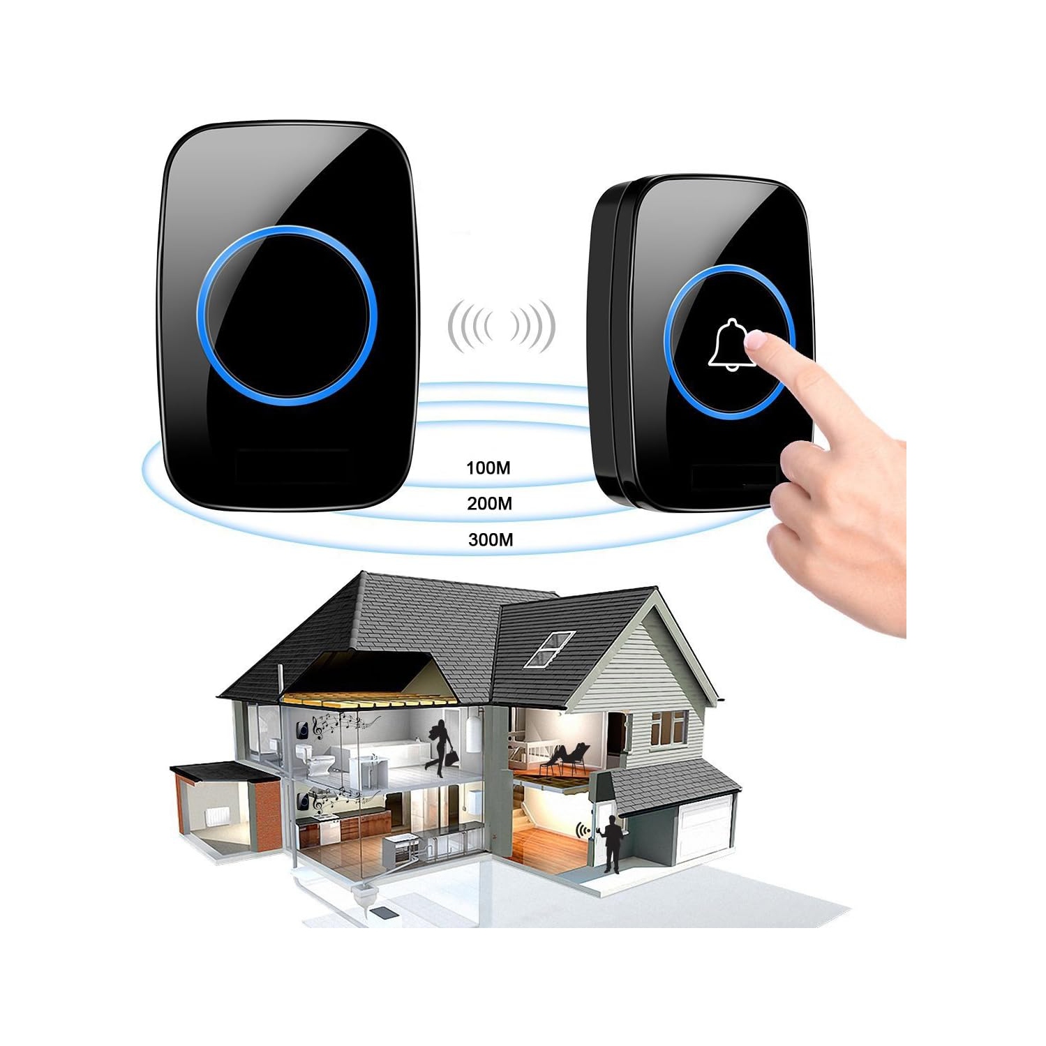 Wireless Doorbell Waterproof Doorbell Kit with 60 Chime 5 Levels Volume LED Flash Home Wireless Door Bell