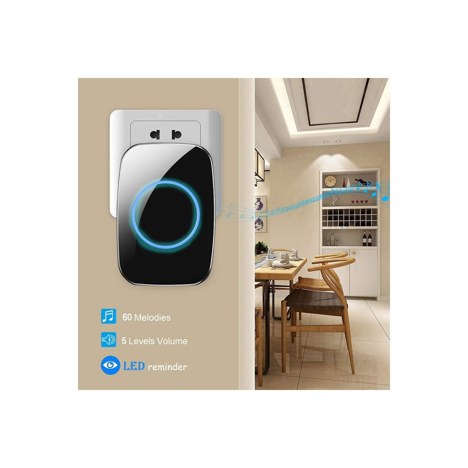 Wireless Doorbell Waterproof Doorbell Kit with 60 Chime 5 Levels Volume LED Flash Home Wireless Door Bell