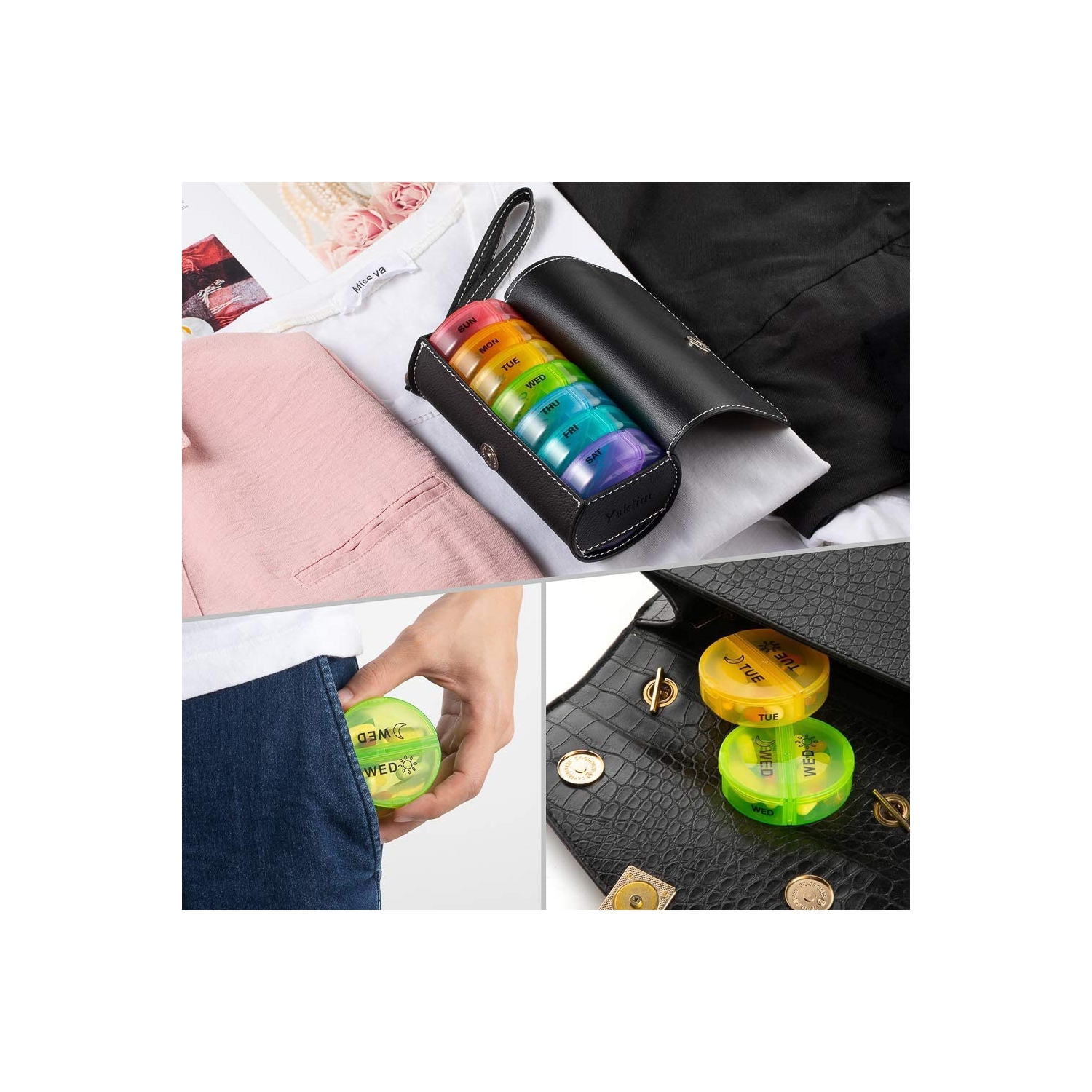 Weekly Pill Organizer Daily Pill Box with PU Leather Case Medicine Organizer 7 Day Pill Container-Colorful