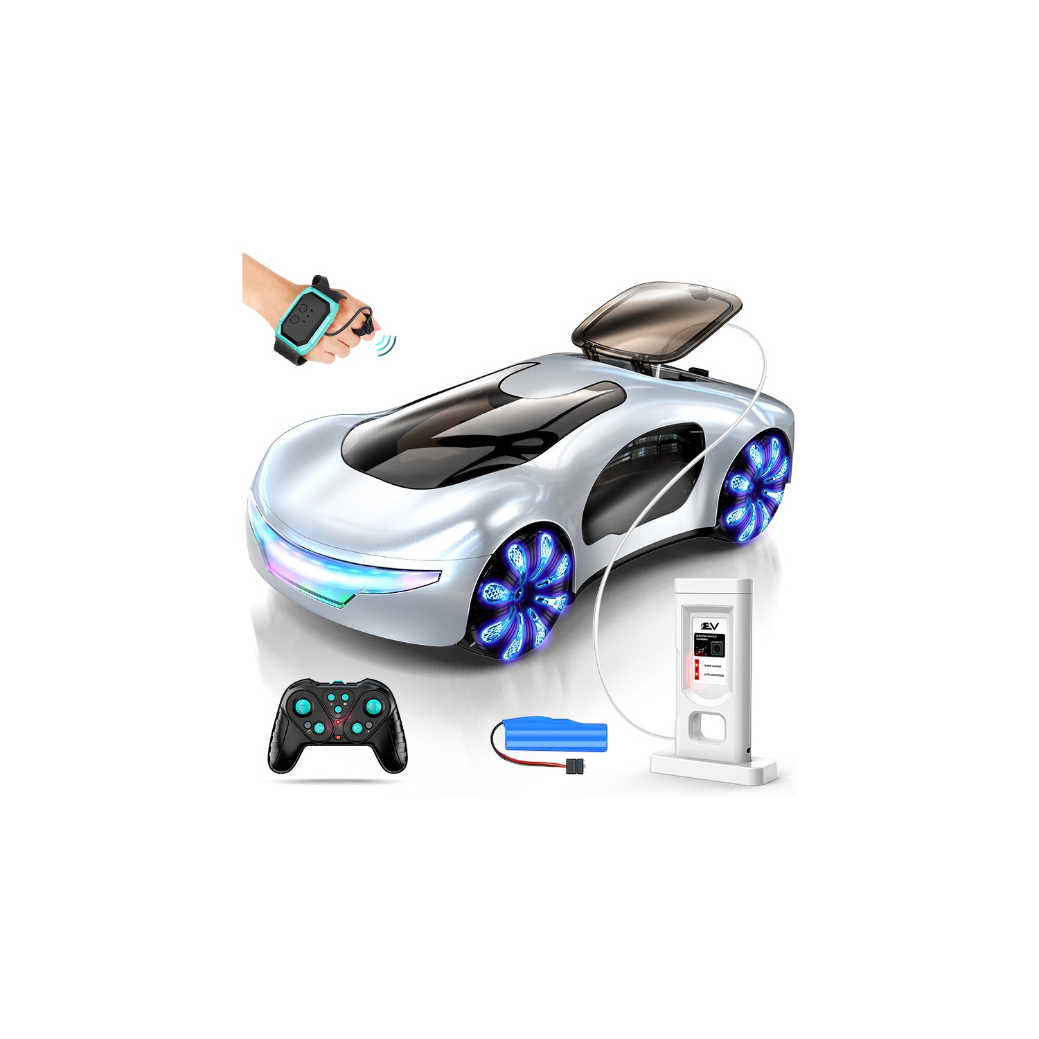 A dazzling remote-controlled stunt car that can rotate 360 ​​degrees and has eye-catching paint, making it a great birthday gift for boys - White