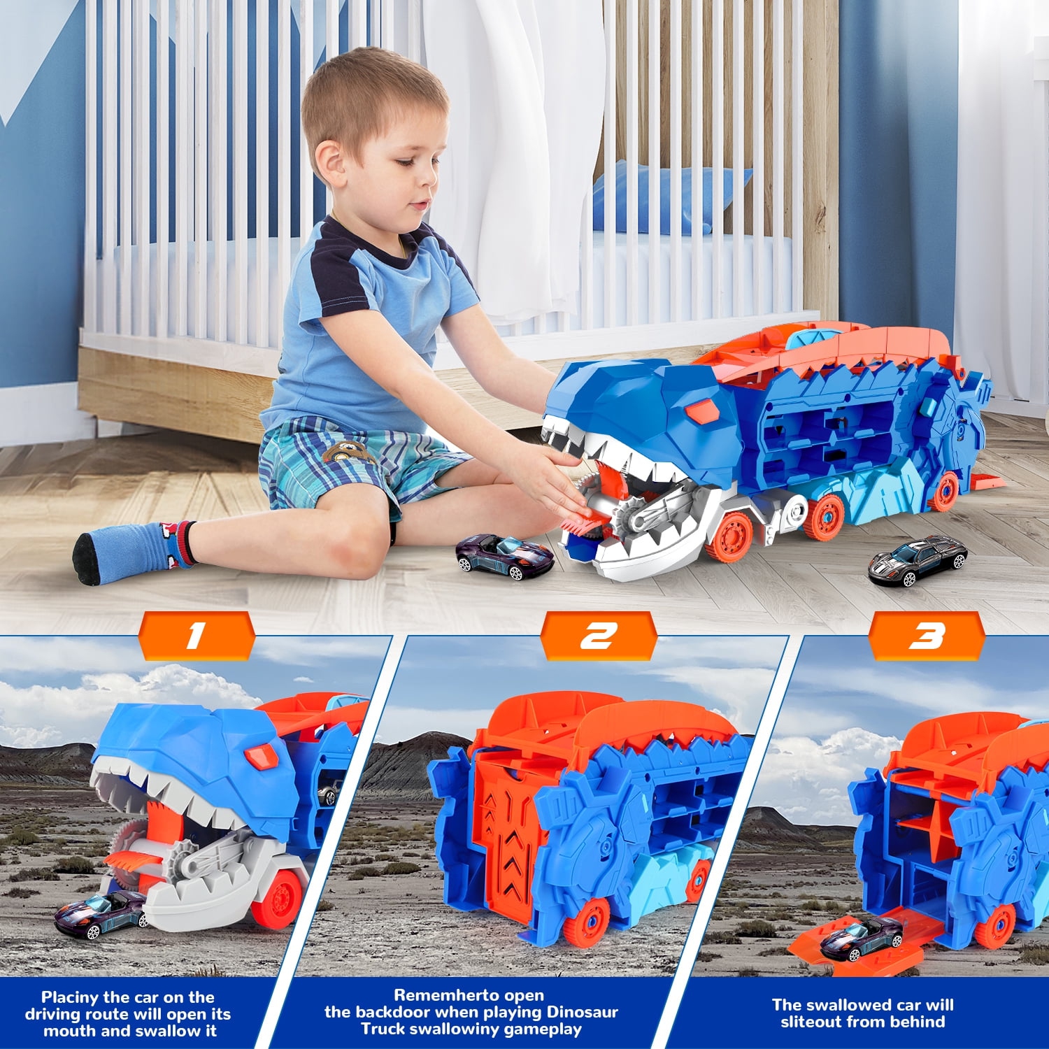 Voiture en alliage d'éjection de voiture d'avalage de dragon, voiture d'avalage de Tyrannosaurus et voiture de rangement, cadeau de Noël