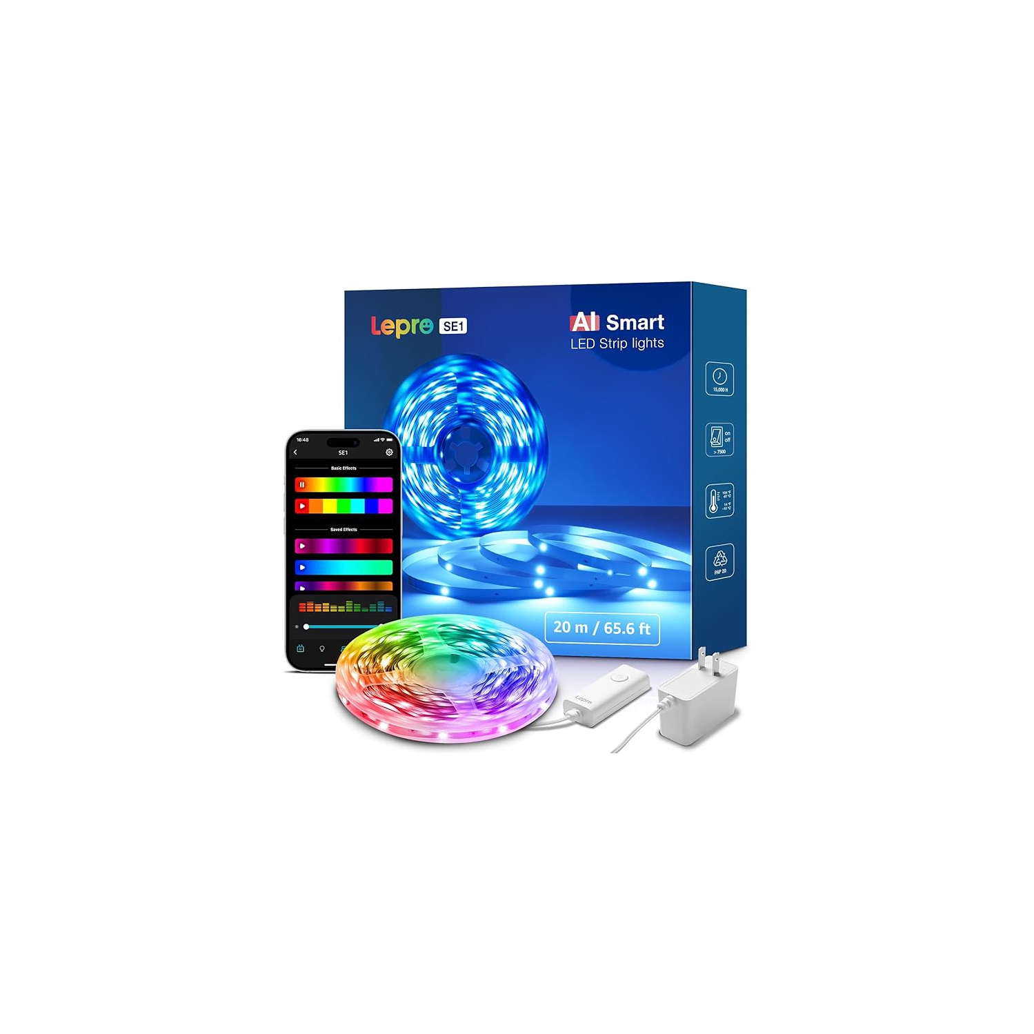 Lumières SE1 AI LED de Lepro, bandes lumineuses DEL RVB LLM, bande lumineuse DEL Wi-Fi Google et Alexa pour chambre, bandes lumineuses DEL segmentées